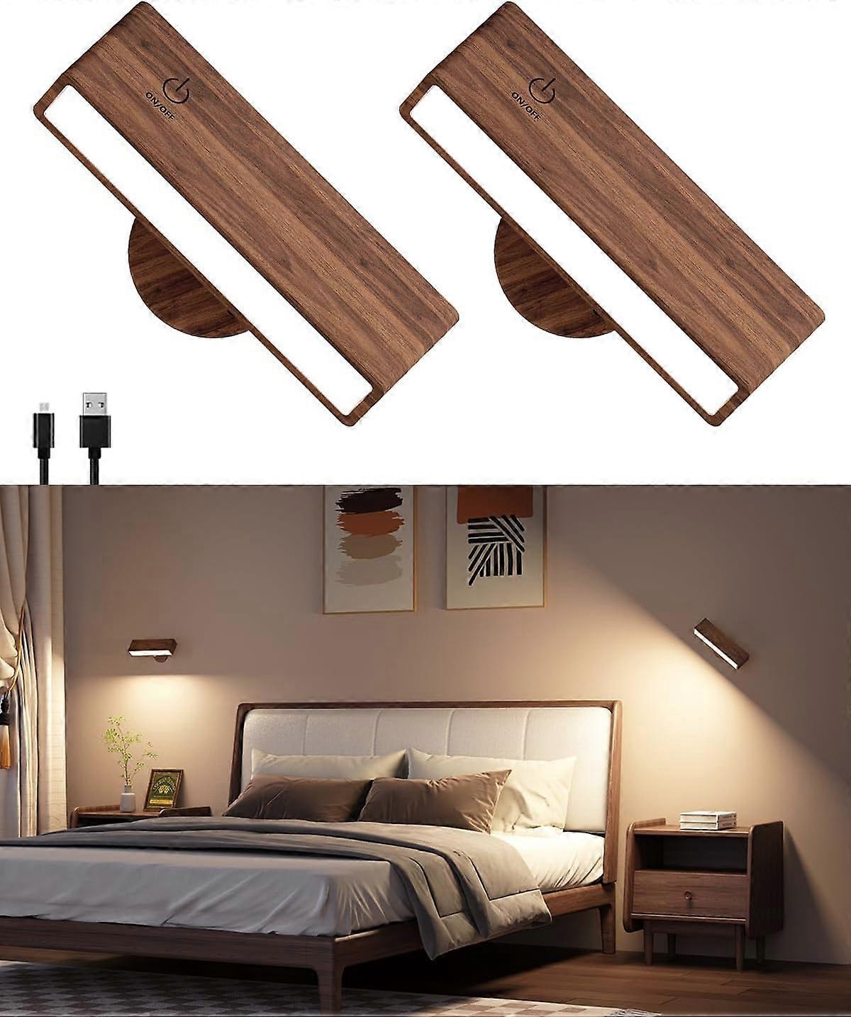 Battery Operated Wall Sconces Set of 2, Rechargeable Wood Wall Lights, Stick On - Image 2