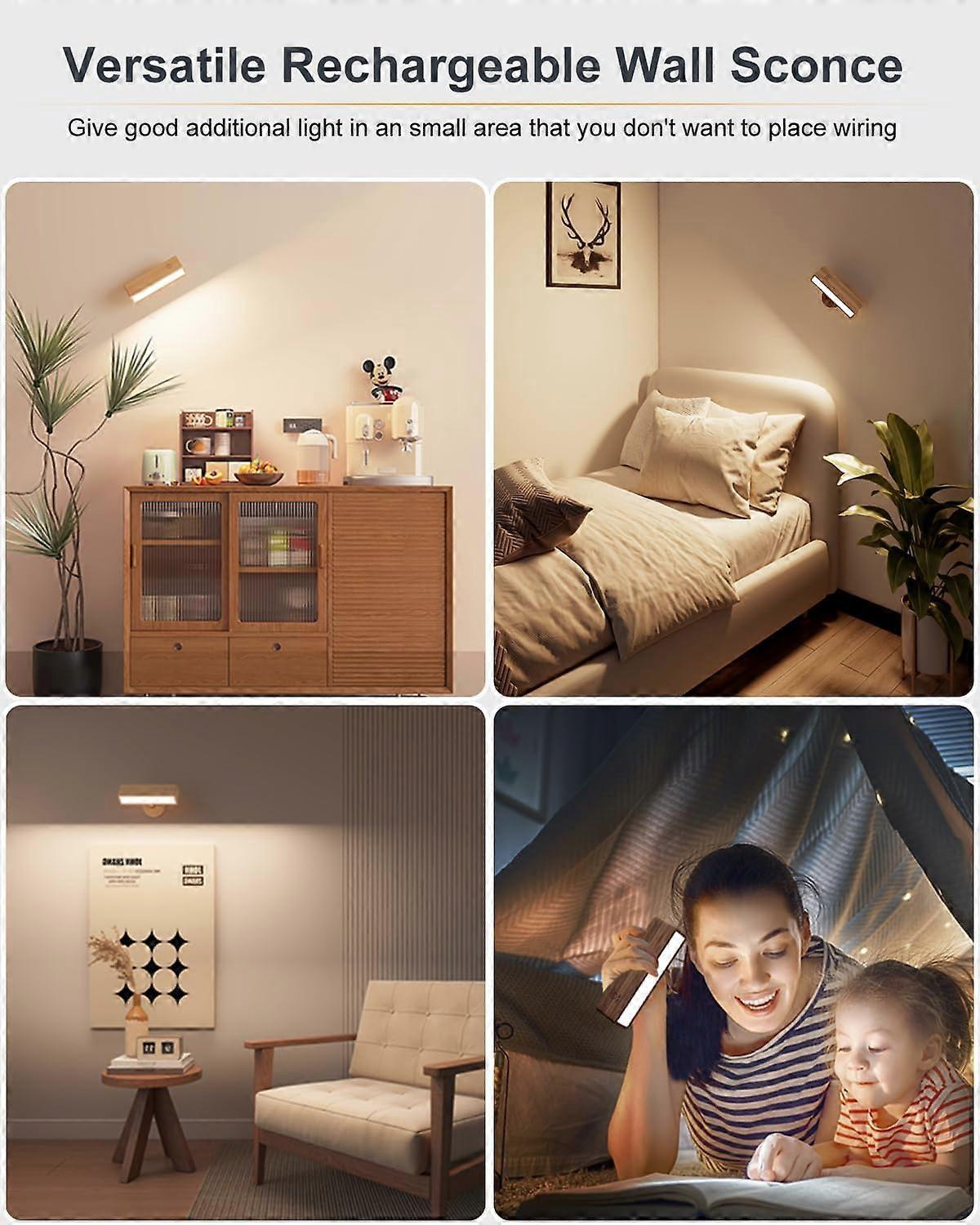 Battery Operated Wall Sconces Set of 2, Rechargeable Wood Wall Lights, Stick On - Image 4