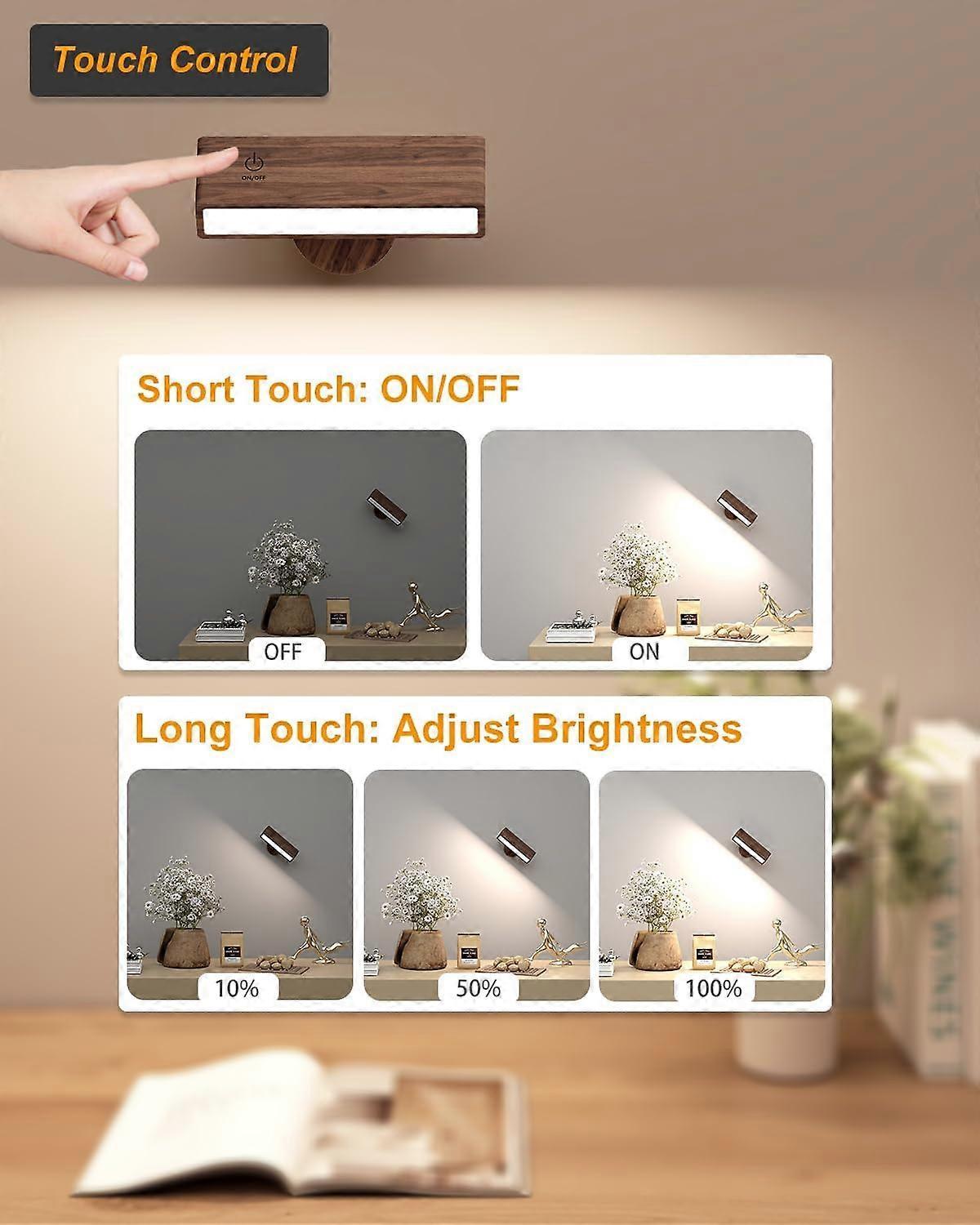 Battery Operated Wall Sconces Set of 2, Rechargeable Wood Wall Lights, Stick On - Image 5