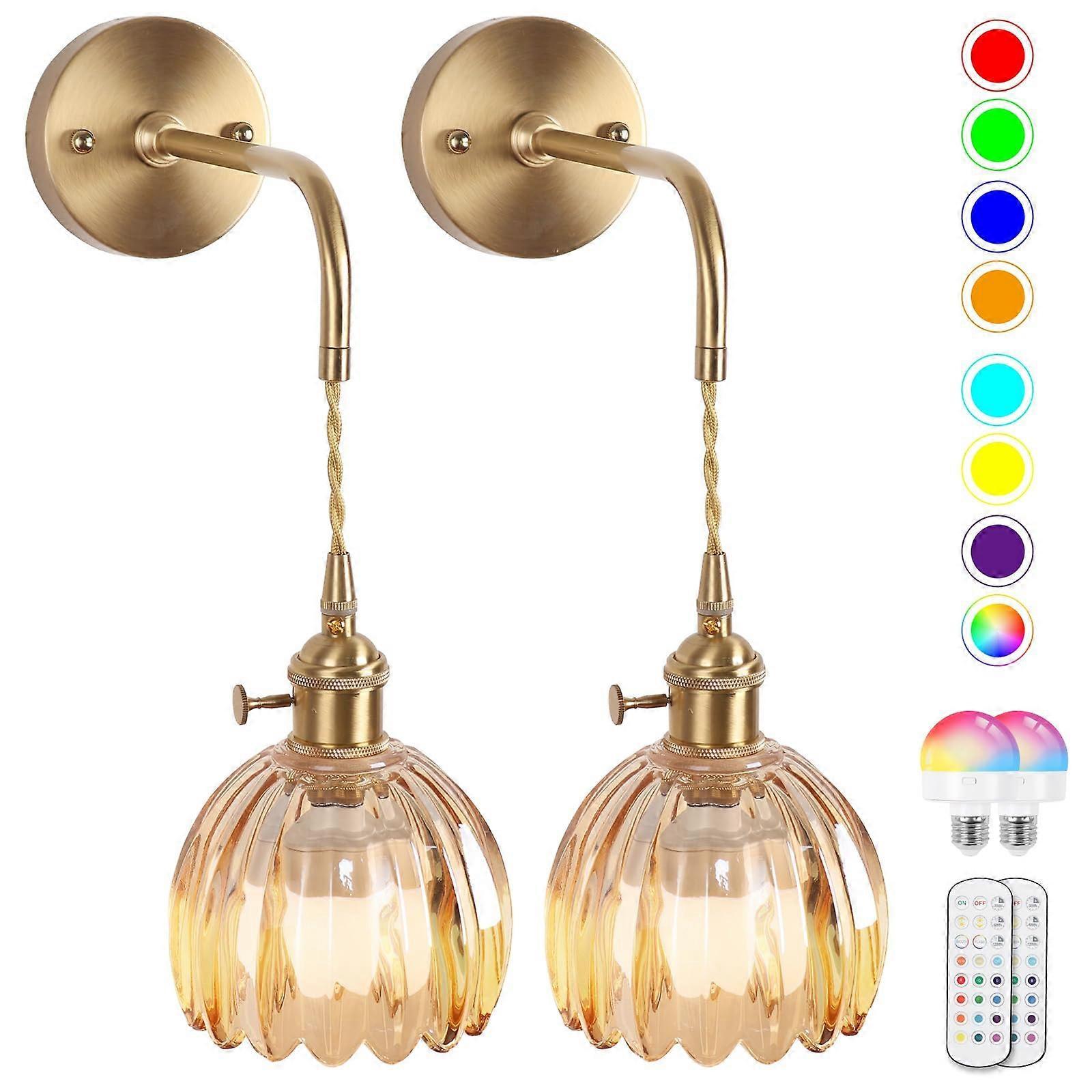 Battery Operated Wall Sconces Set of 2, Vintage Amber Glass, Rechargeable, Remote Dimmable - Image 1
