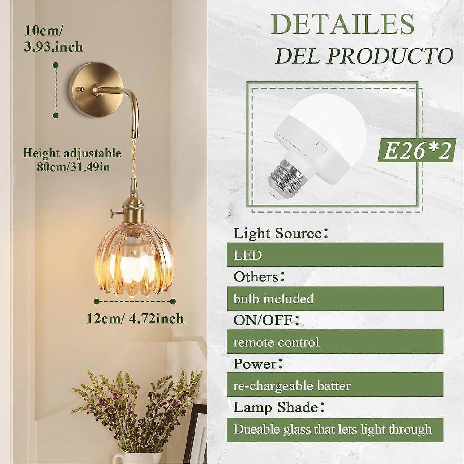 Battery Operated Wall Sconces Set of 2, Vintage Amber Glass, Rechargeable, Remote Dimmable - Image 2