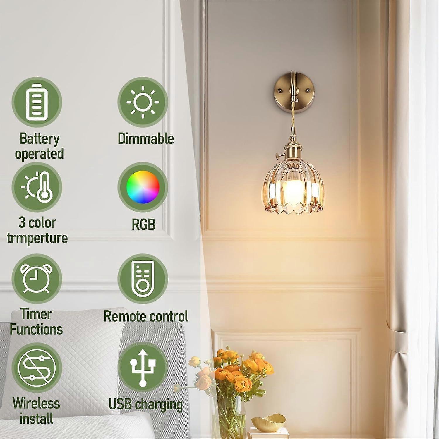Battery Operated Wall Sconces Set of 2, Vintage Amber Glass, Rechargeable, Remote Dimmable - Image 3