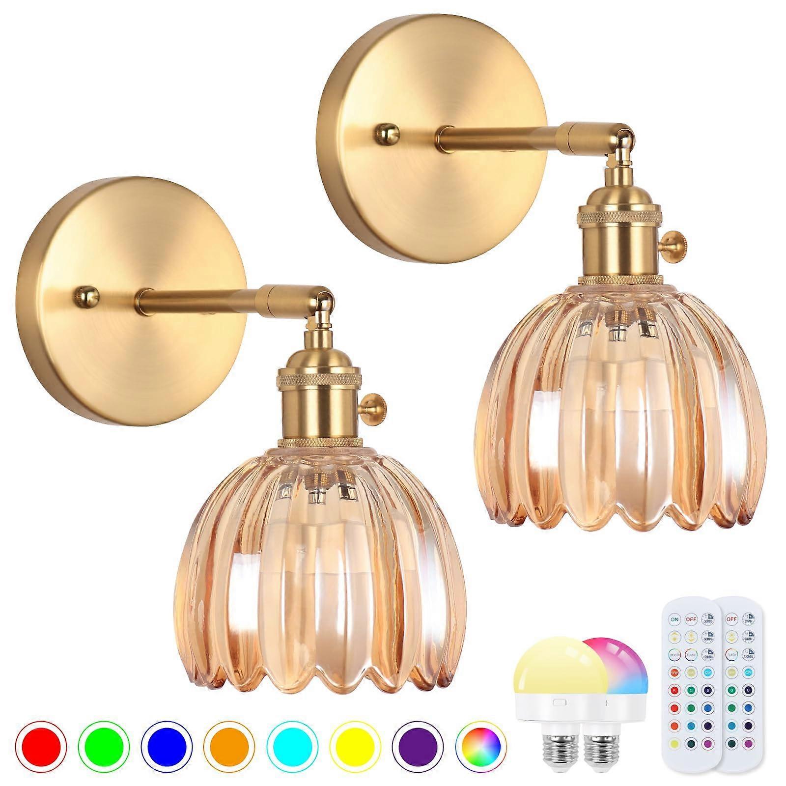 Battery Operated Wall Sconce Set of 2, Vintage Gold Amber Glass, Rechargeable LED, Remote - Image 1