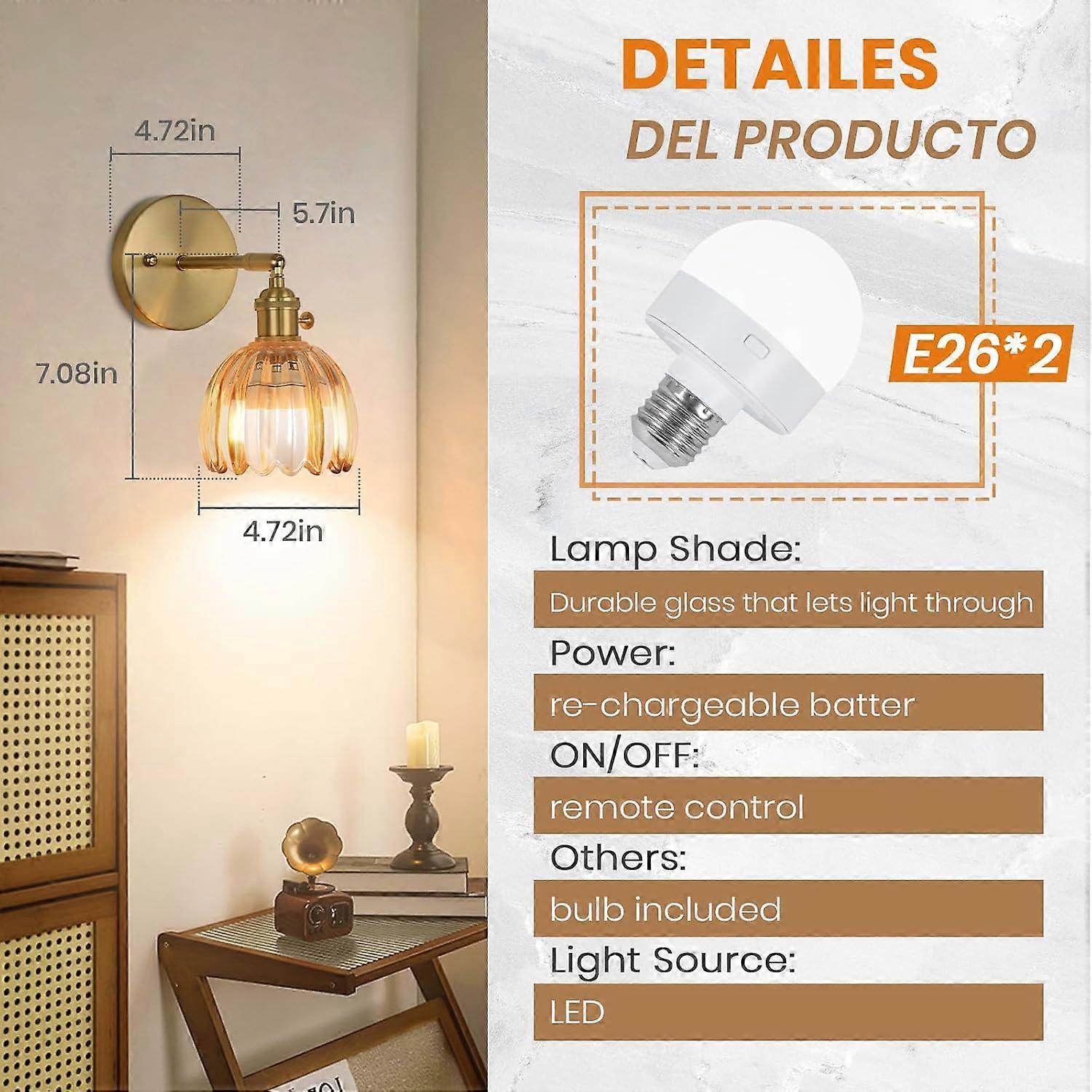 Battery Operated Wall Sconce Set of 2, Vintage Gold Amber Glass, Rechargeable LED, Remote - Image 3