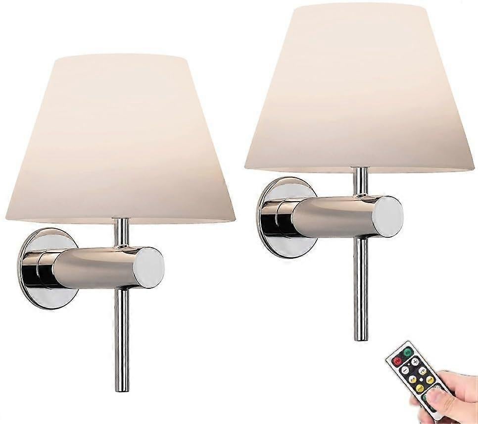 Battery Operated Wall Sconces Set of 2, USB Rechargeable Wireless Lamps, Remote, Linen Shade - Image 1