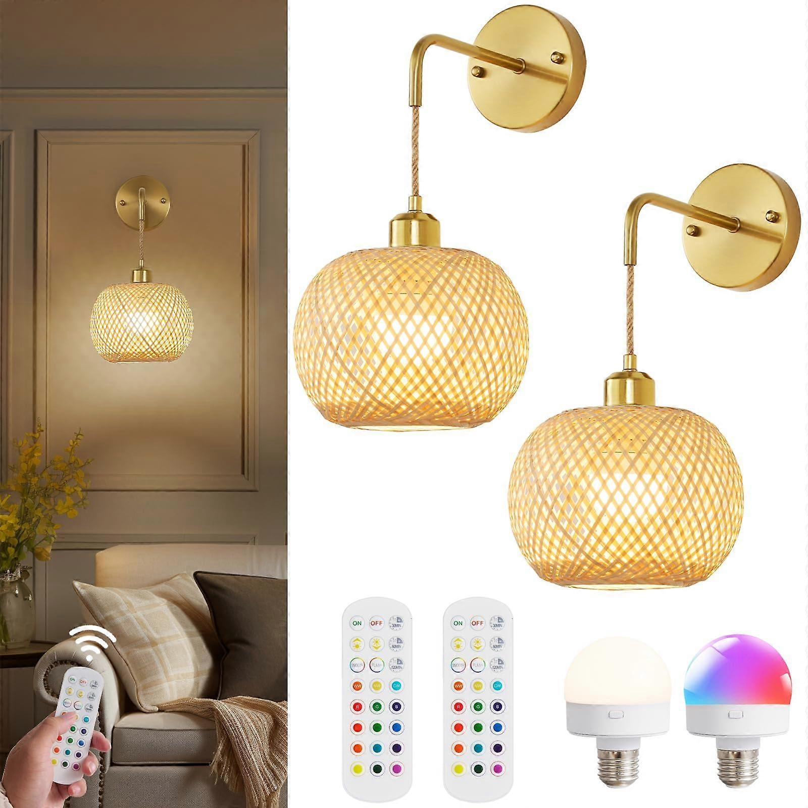 Battery Operated Wall Sconce Set of 2, Rechargeable Rattan RGB Light, Remote, Bedroom - Image 1