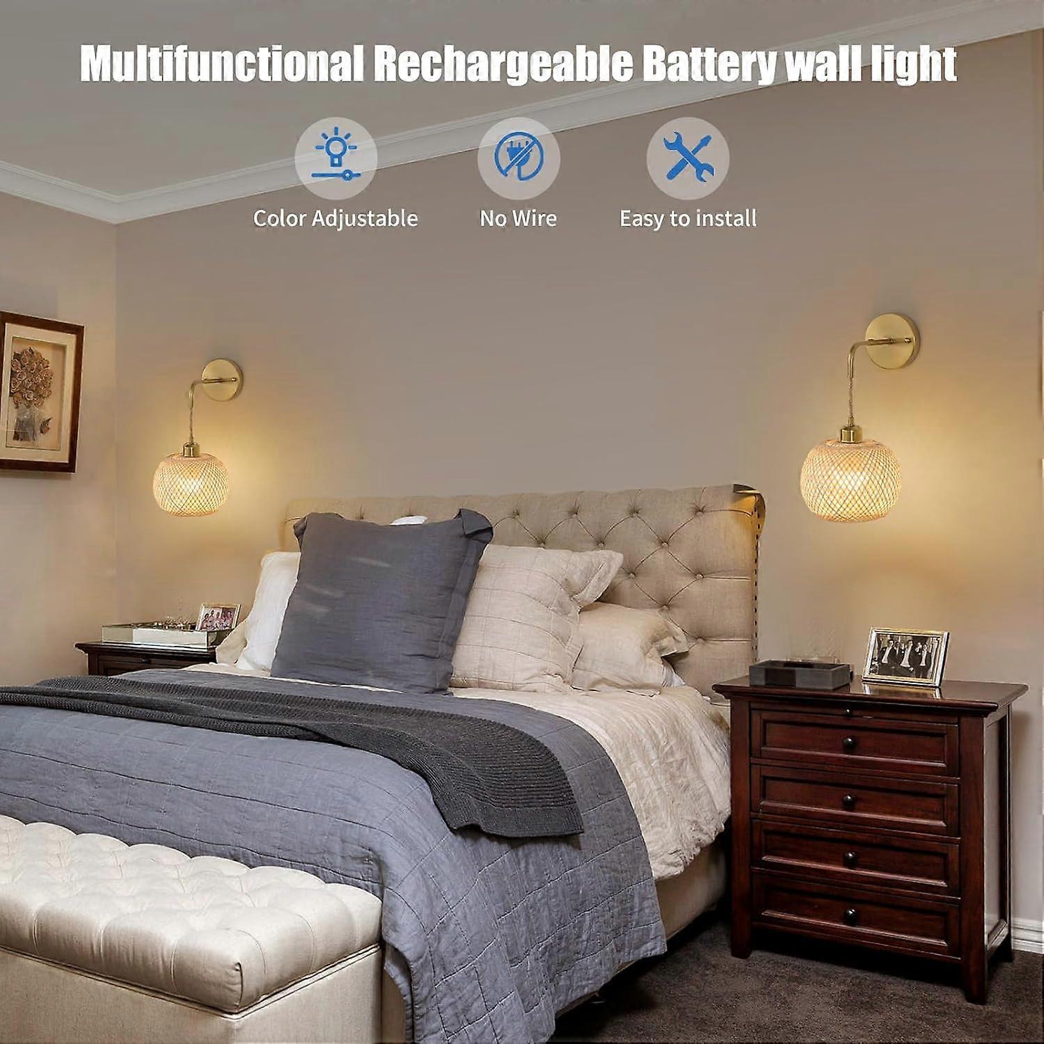 Battery Operated Wall Sconce Set of 2, Rechargeable Rattan RGB Light, Remote, Bedroom - Image 2