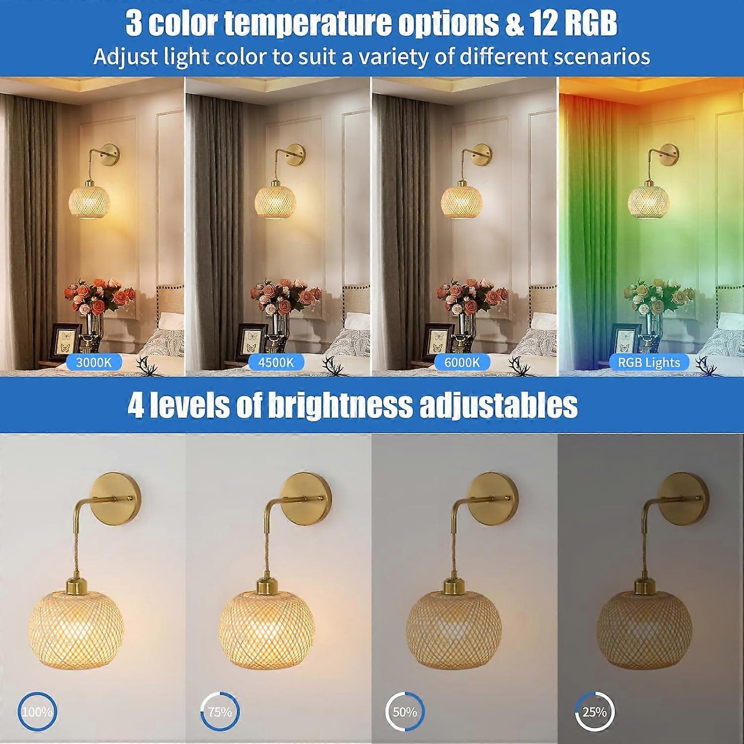 Battery Operated Wall Sconce Set of 2, Rechargeable Rattan RGB Light, Remote, Bedroom - Image 4