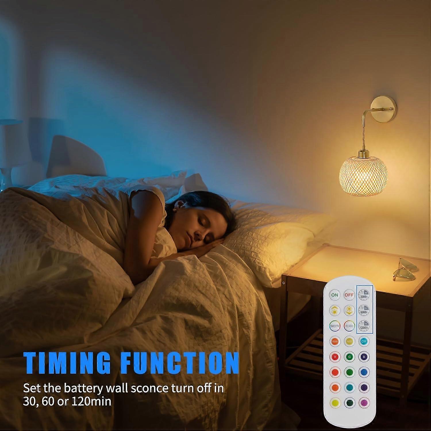 Battery Operated Wall Sconce Set of 2, Rechargeable Rattan RGB Light, Remote, Bedroom - Image 5