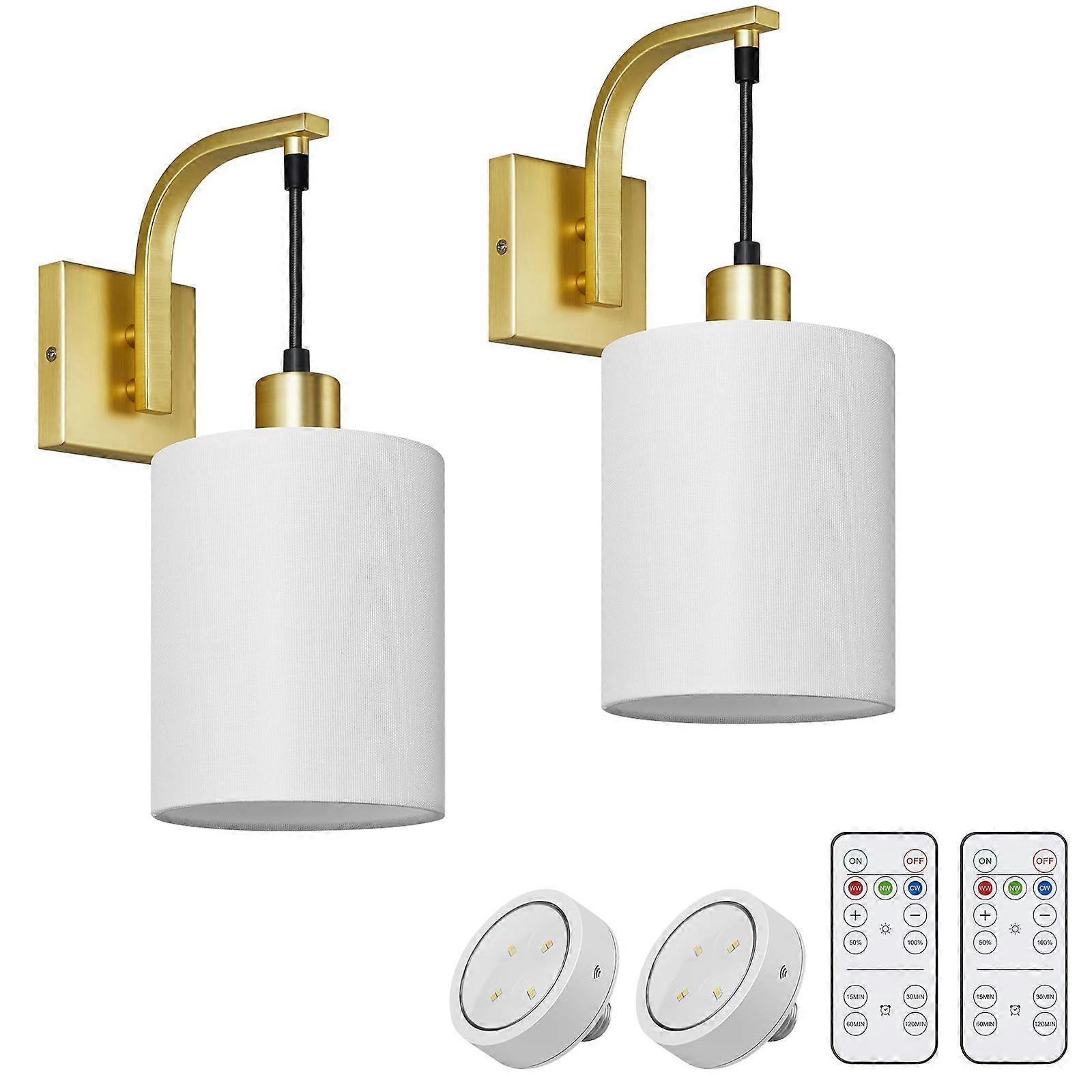 Battery Operated Wall Sconces Set of 2, Dimmable Wireless LED Lights, Remote, Gold - Image 1