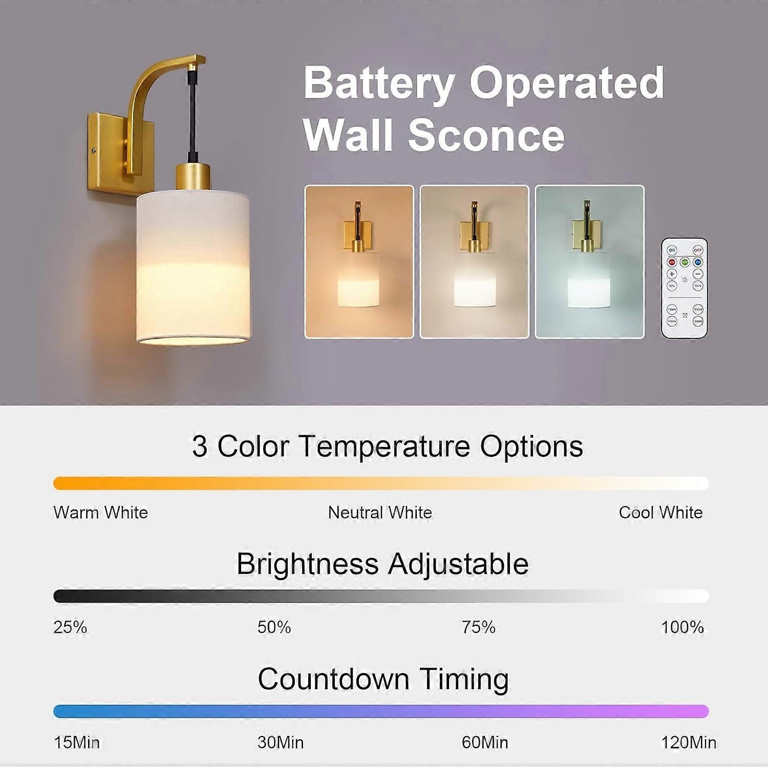 Battery Operated Wall Sconces Set of 2, Dimmable Wireless LED Lights, Remote, Gold - Image 3