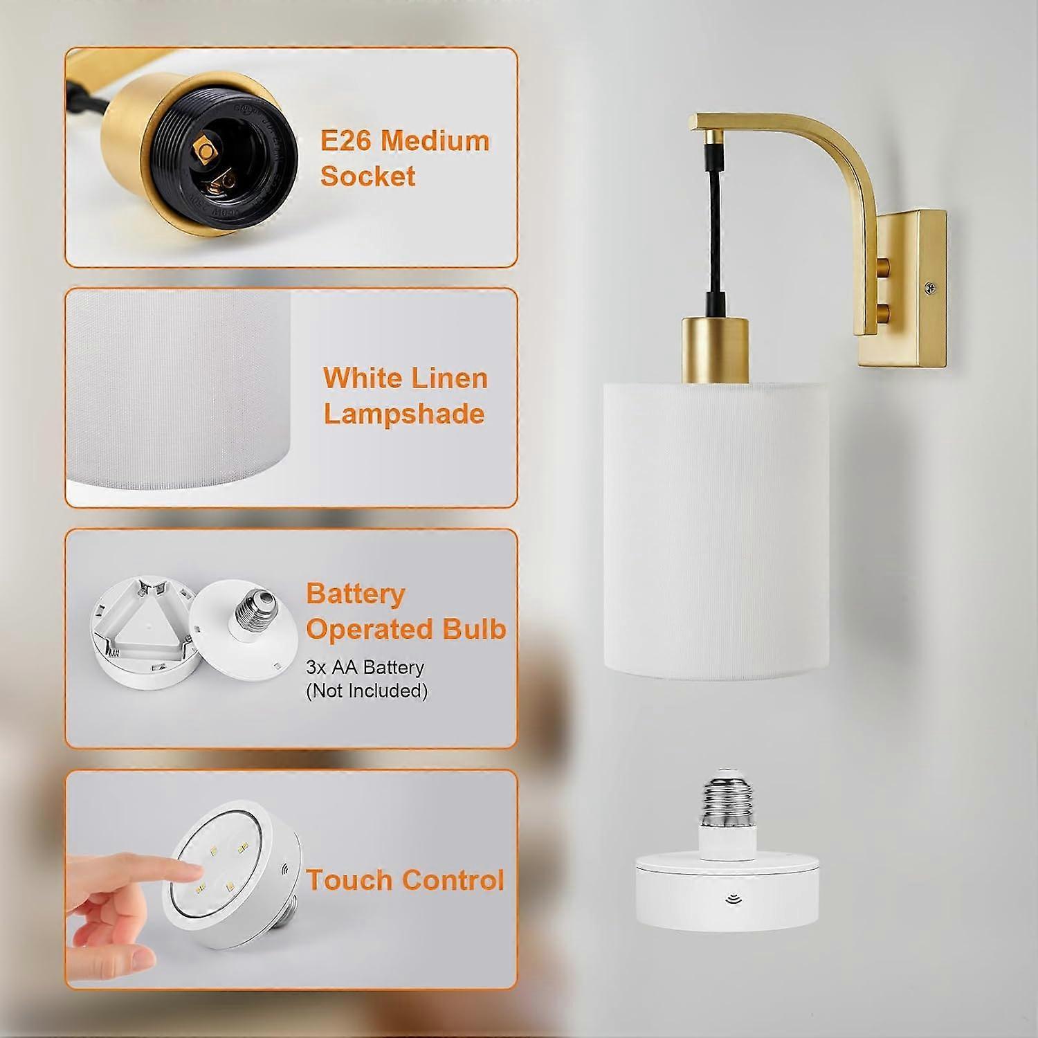 Battery Operated Wall Sconces Set of 2, Dimmable Wireless LED Lights, Remote, Gold - Image 5