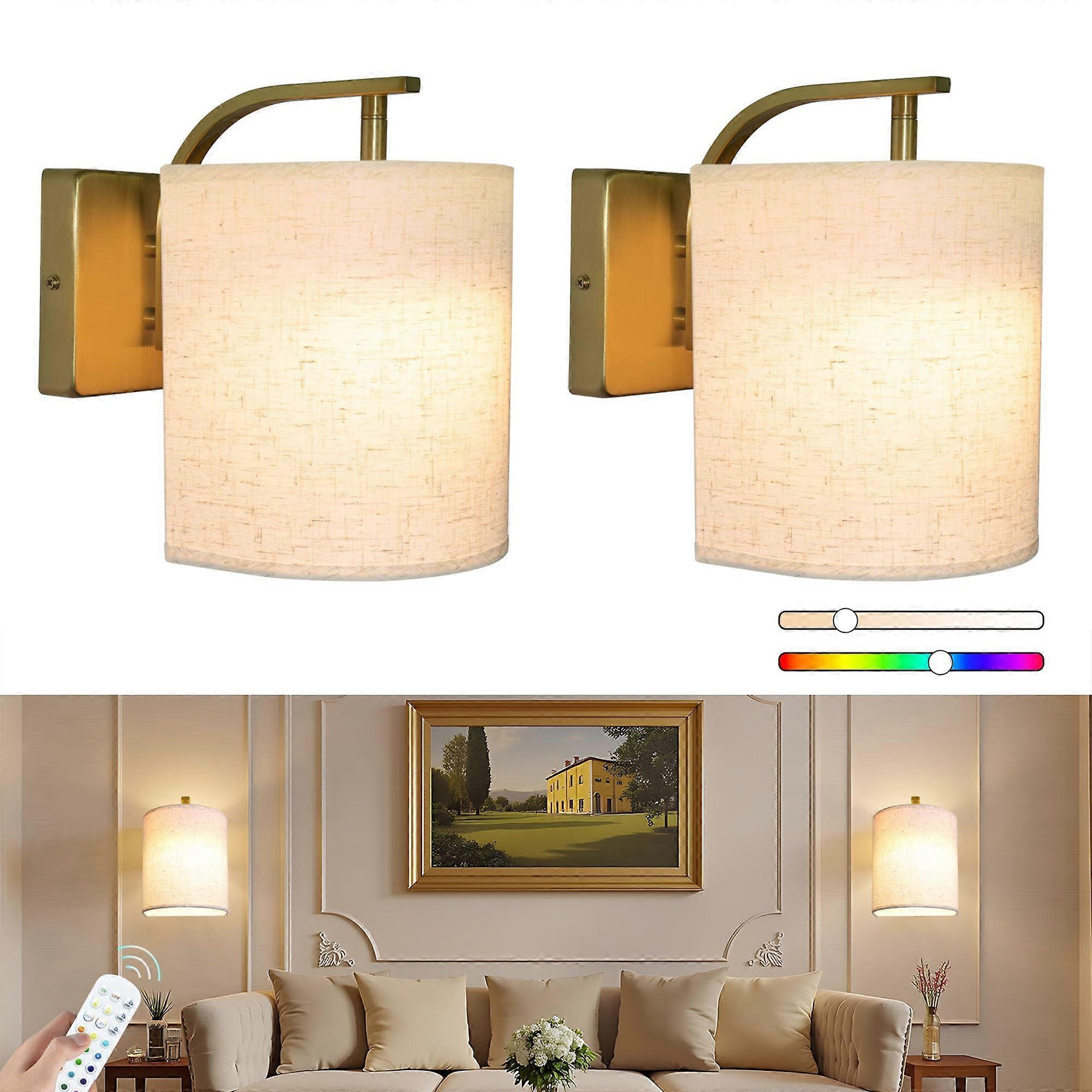Battery Operated Wall Sconces Set of 2, Rechargeable LED Lights, Remote, 12 RGB Colors, Gold - Image 1