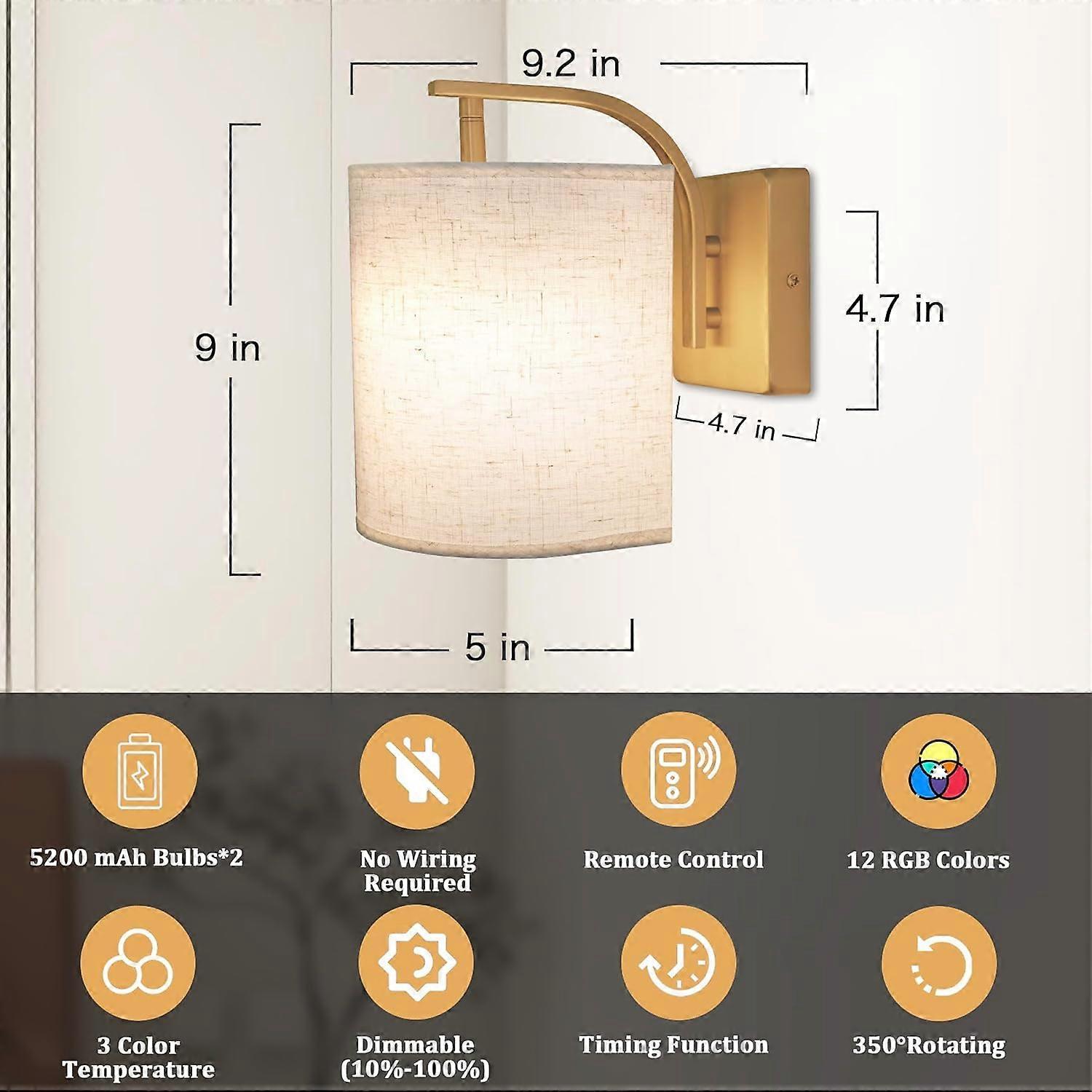 Battery Operated Wall Sconces Set of 2, Rechargeable LED Lights, Remote, 12 RGB Colors, Gold - Image 2