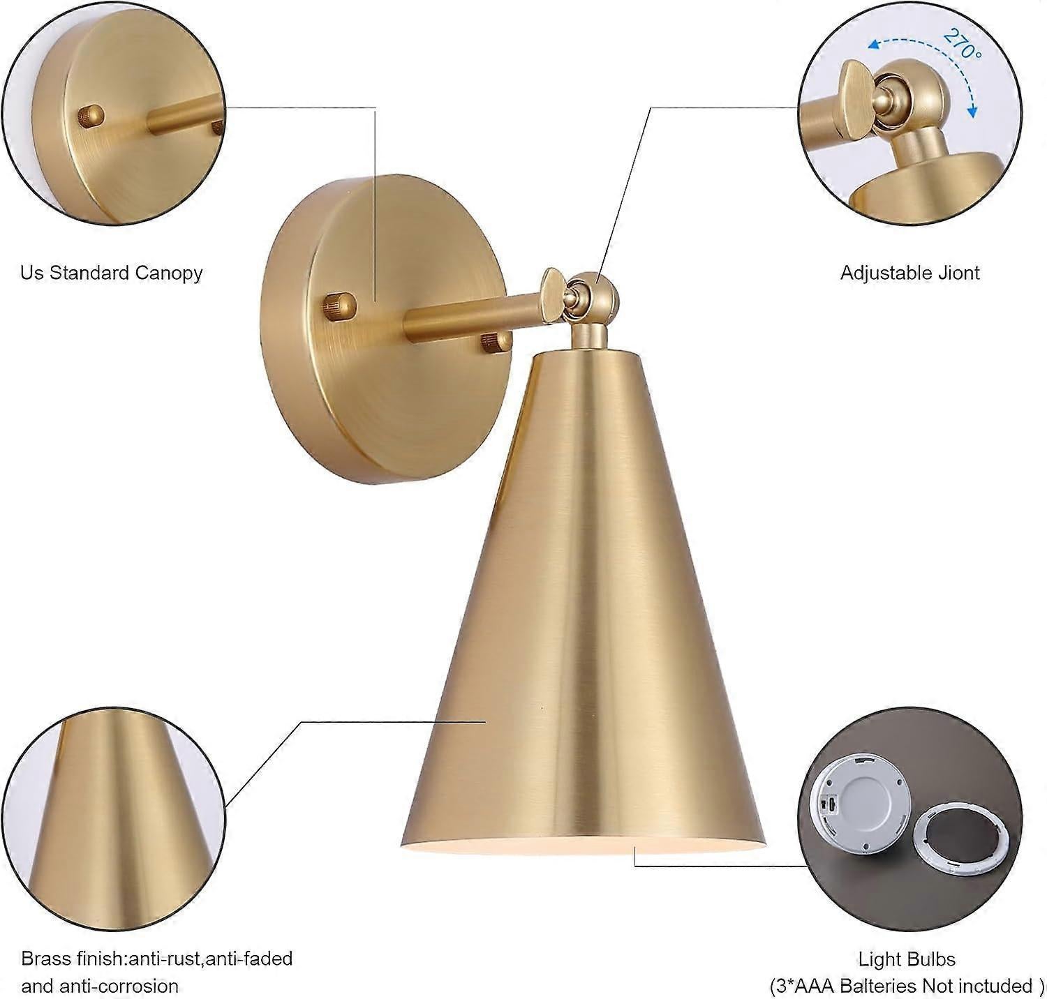 Modern Gold Battery Operated Wall Sconces Set of 2, Remote Dimming, Dual Color, Adjustable - Image 2