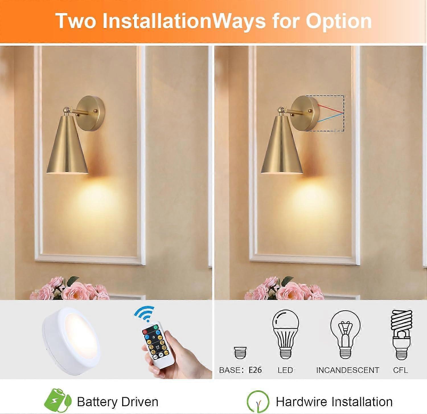 Modern Gold Battery Operated Wall Sconces Set of 2, Remote Dimming, Dual Color, Adjustable - Image 3