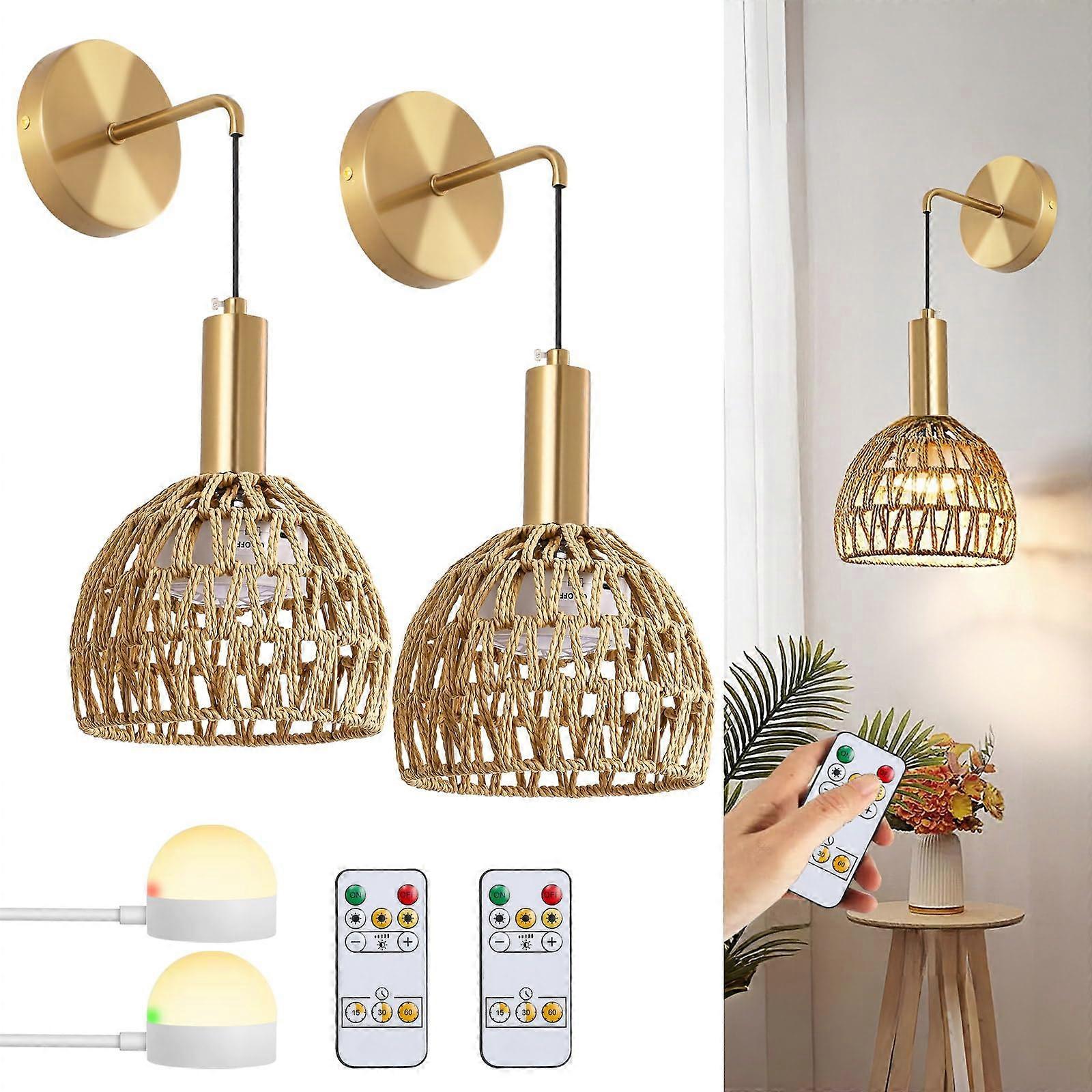 Battery Operated Wall Sconce Set of 2, Rechargeable Rattan LED, Remote, 3 Color Dimmable - Image 1