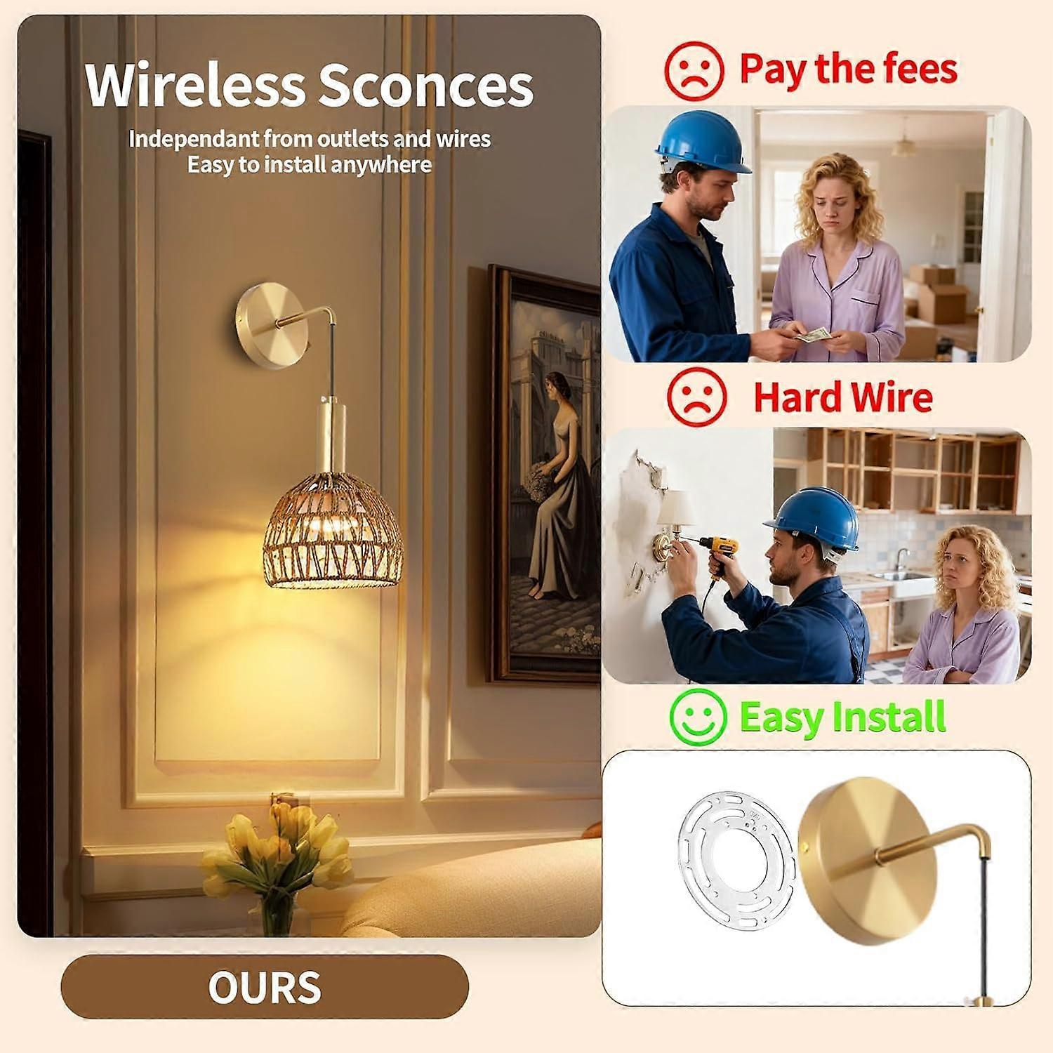 Battery Operated Wall Sconce Set of 2, Rechargeable Rattan LED, Remote, 3 Color Dimmable - Image 2