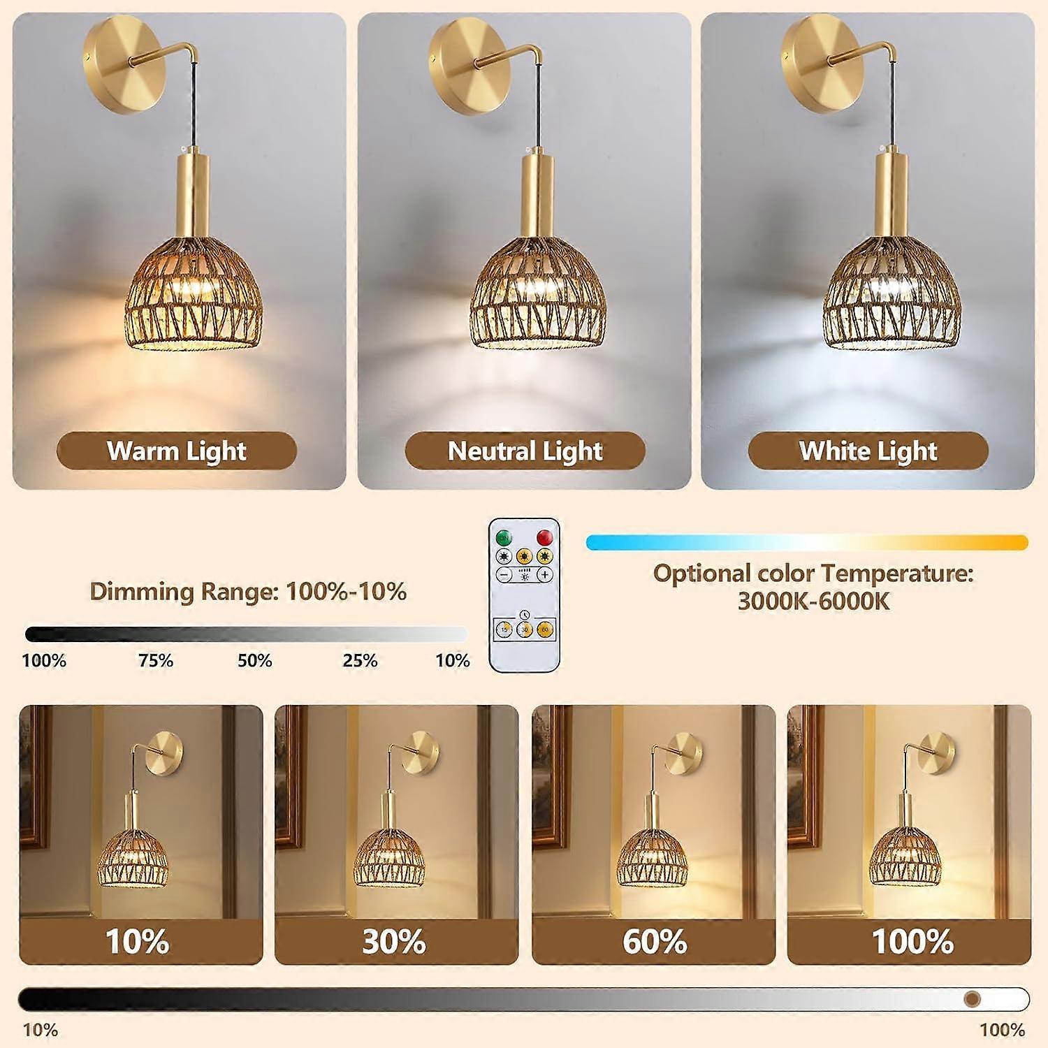 Battery Operated Wall Sconce Set of 2, Rechargeable Rattan LED, Remote, 3 Color Dimmable - Image 3