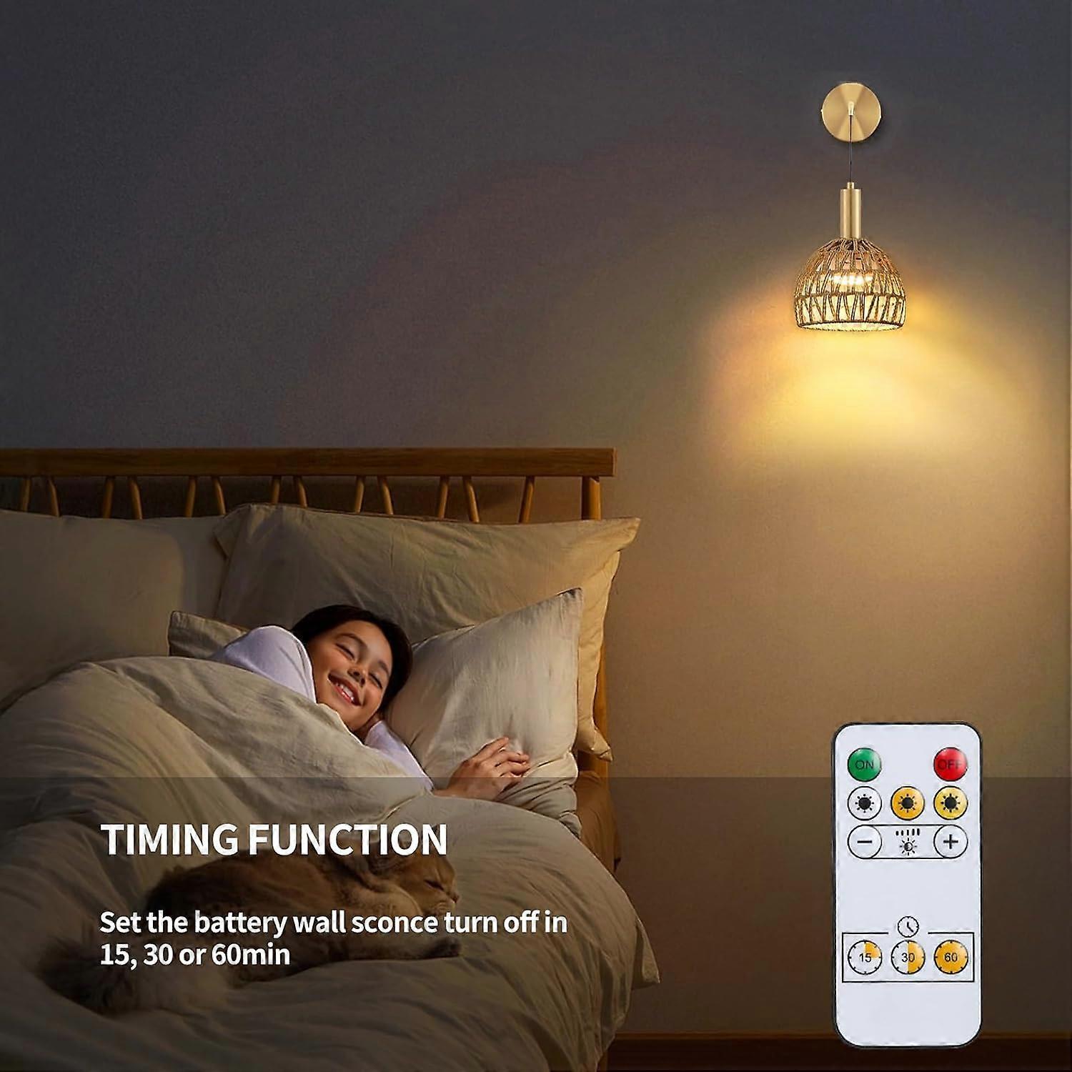Battery Operated Wall Sconce Set of 2, Rechargeable Rattan LED, Remote, 3 Color Dimmable - Image 4