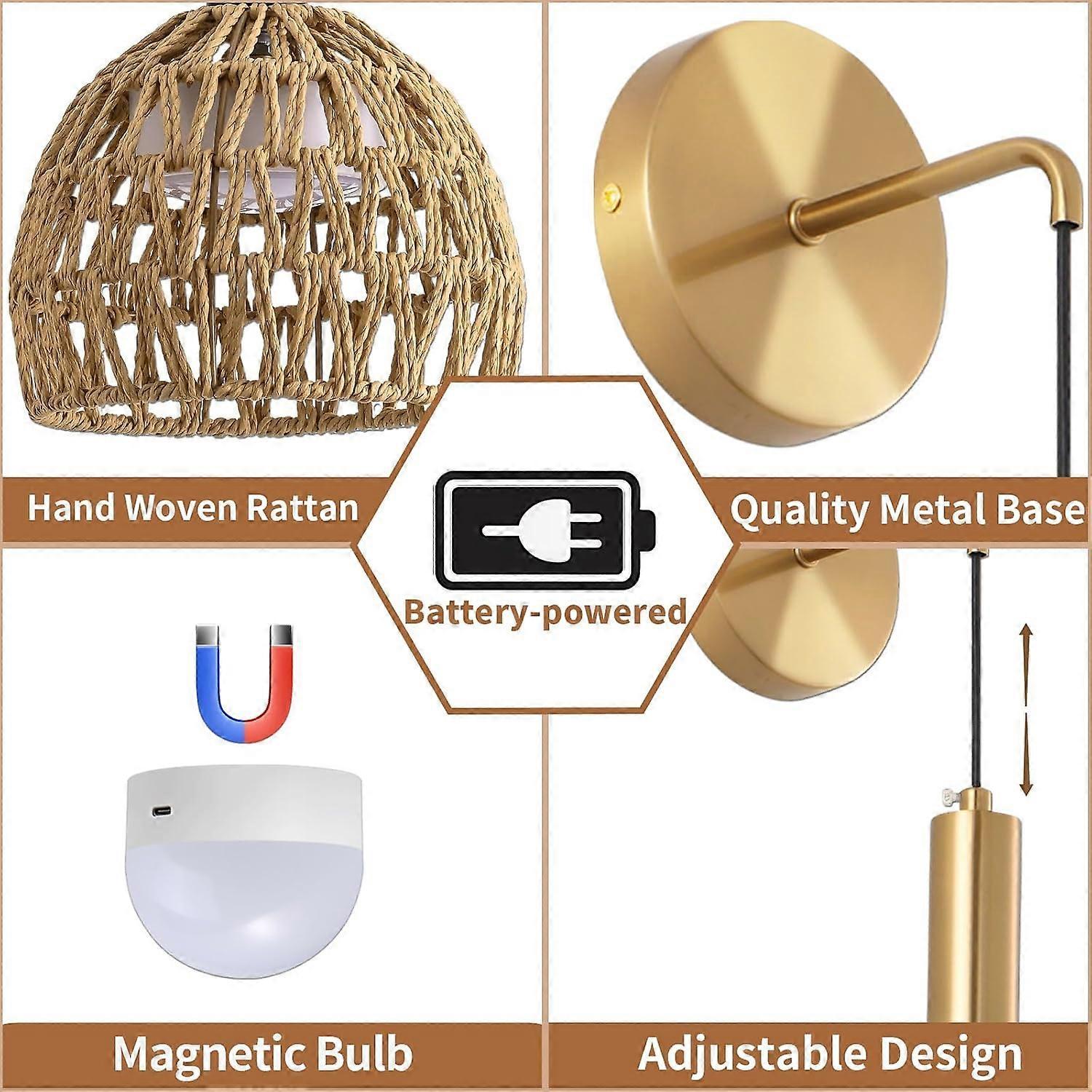 Battery Operated Wall Sconce Set of 2, Rechargeable Rattan LED, Remote, 3 Color Dimmable - Image 5