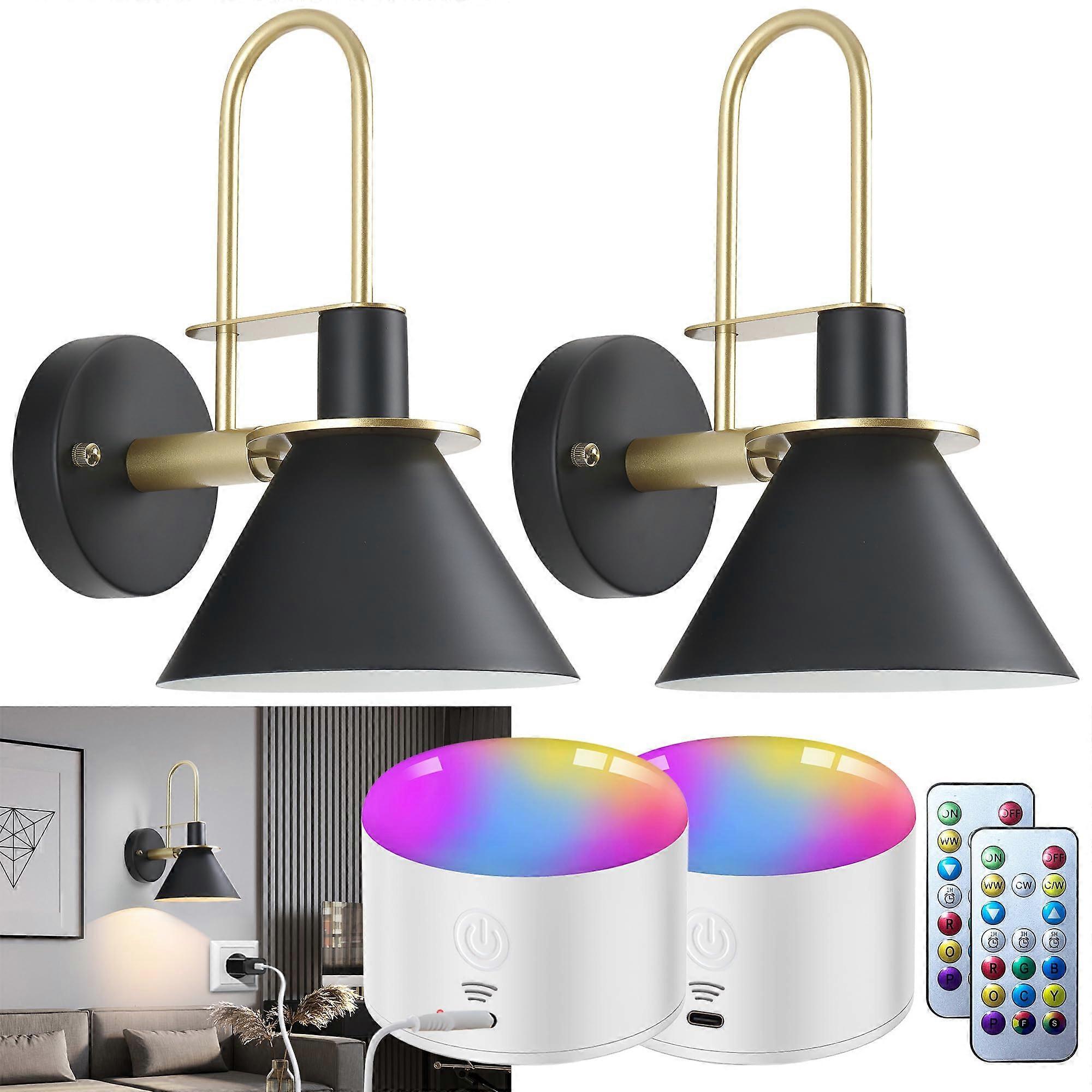 Battery Operated Wall Sconces Set of 2, RGB Wireless LED, Remote, 10000mAh, Black - Image 1