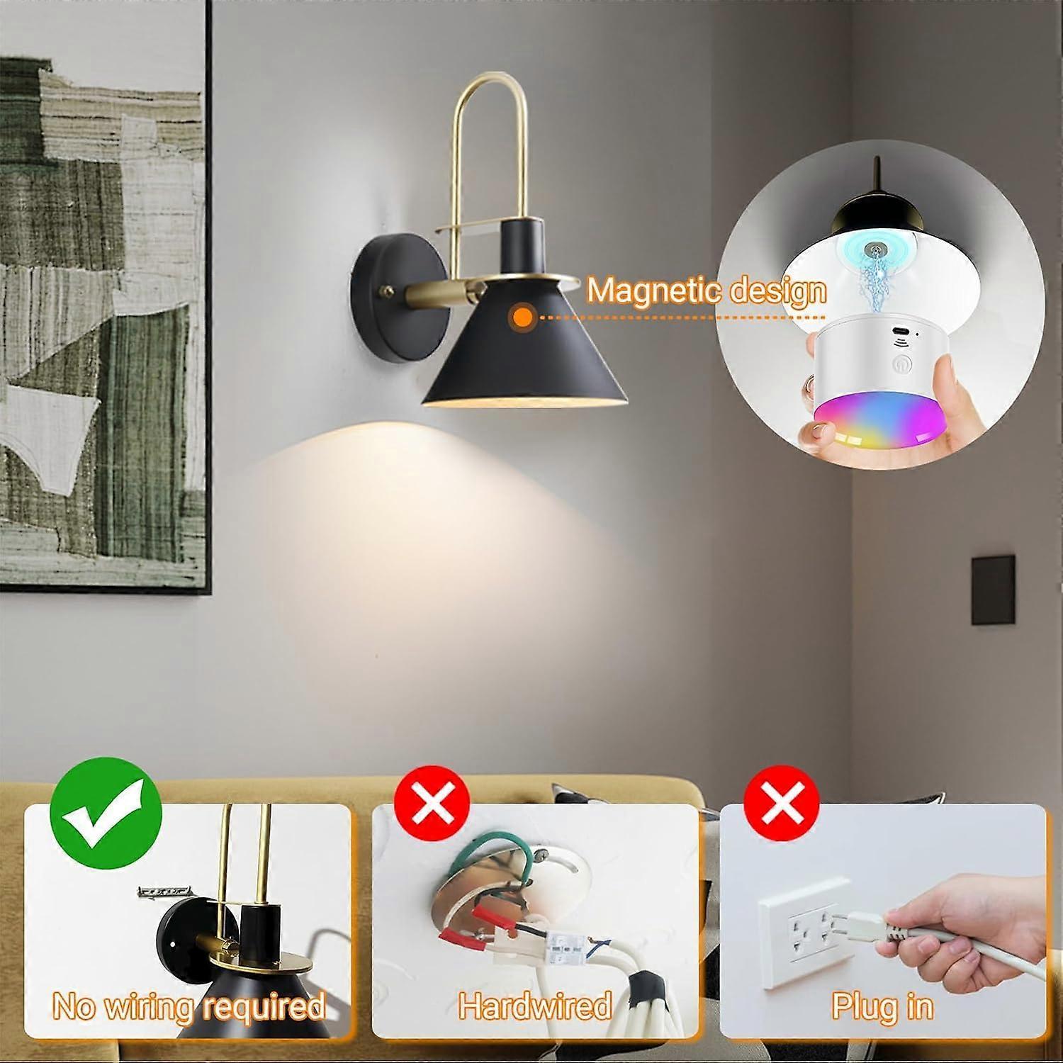Battery Operated Wall Sconces Set of 2, RGB Wireless LED, Remote, 10000mAh, Black - Image 4