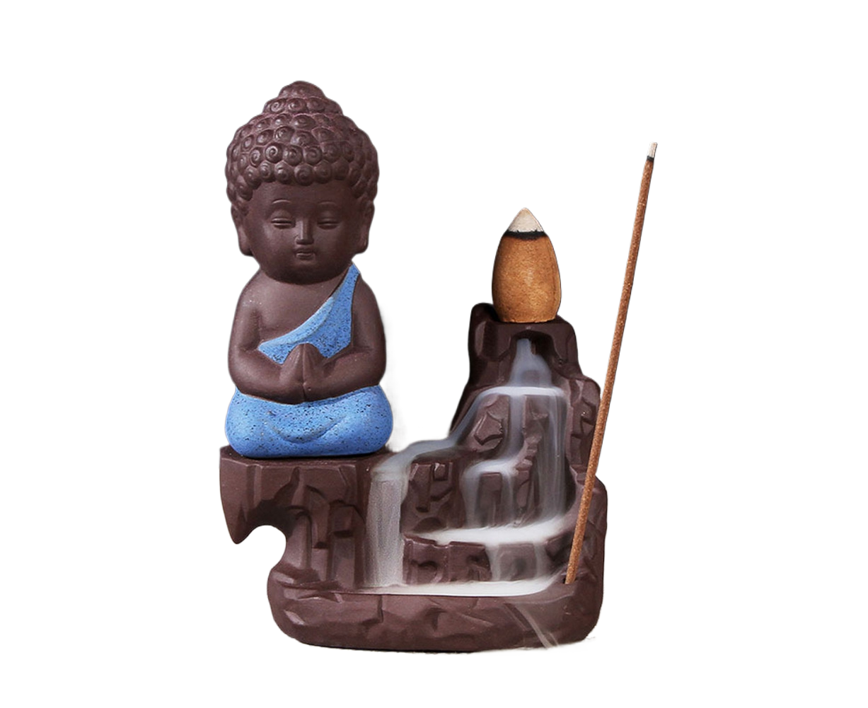Porcelain Clay Little Buddha Censer Backflow Incense Burner Holder Ornament-Blue - Image 1
