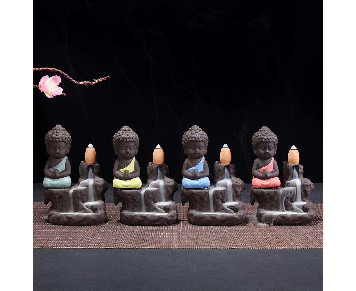 Porcelain Clay Little Buddha Censer Backflow Incense Burner Holder Ornament-Blue - Image 2