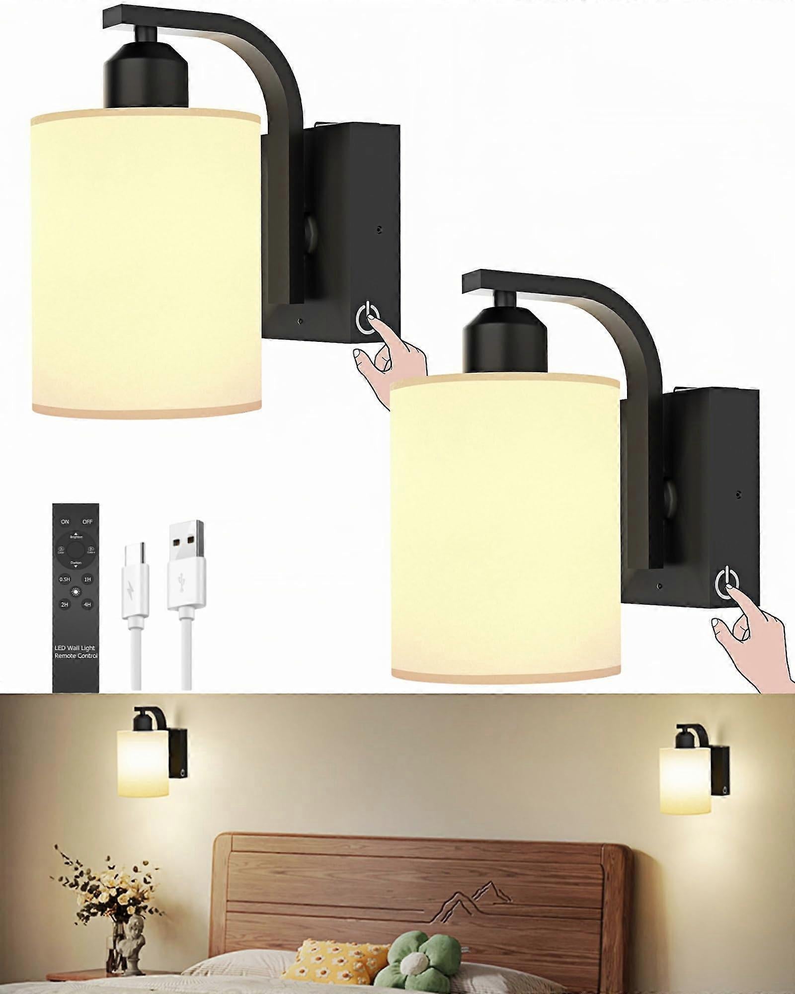 Battery Operated Wall Sconces Set of 2, Rechargeable LED, Touch & Remote Control, Black - Image 1