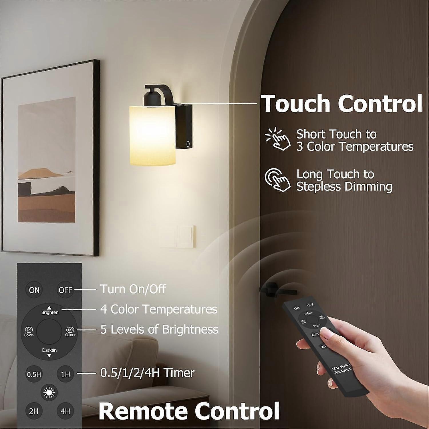 Battery Operated Wall Sconces Set of 2, Rechargeable LED, Touch & Remote Control, Black - Image 2