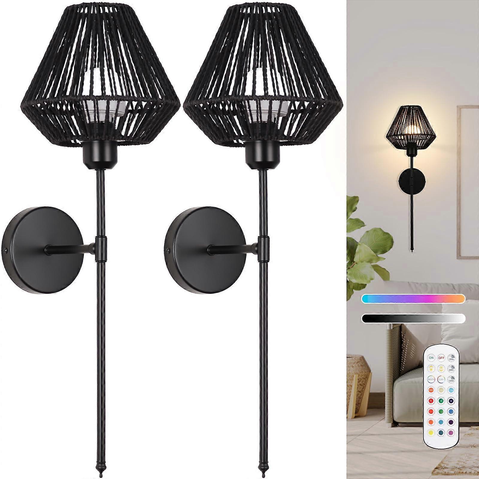 Battery Operated Wall Sconces Set of 2, Boho Rattan LED, Rechargeable, Remote, RGB Dimmable - Image 1