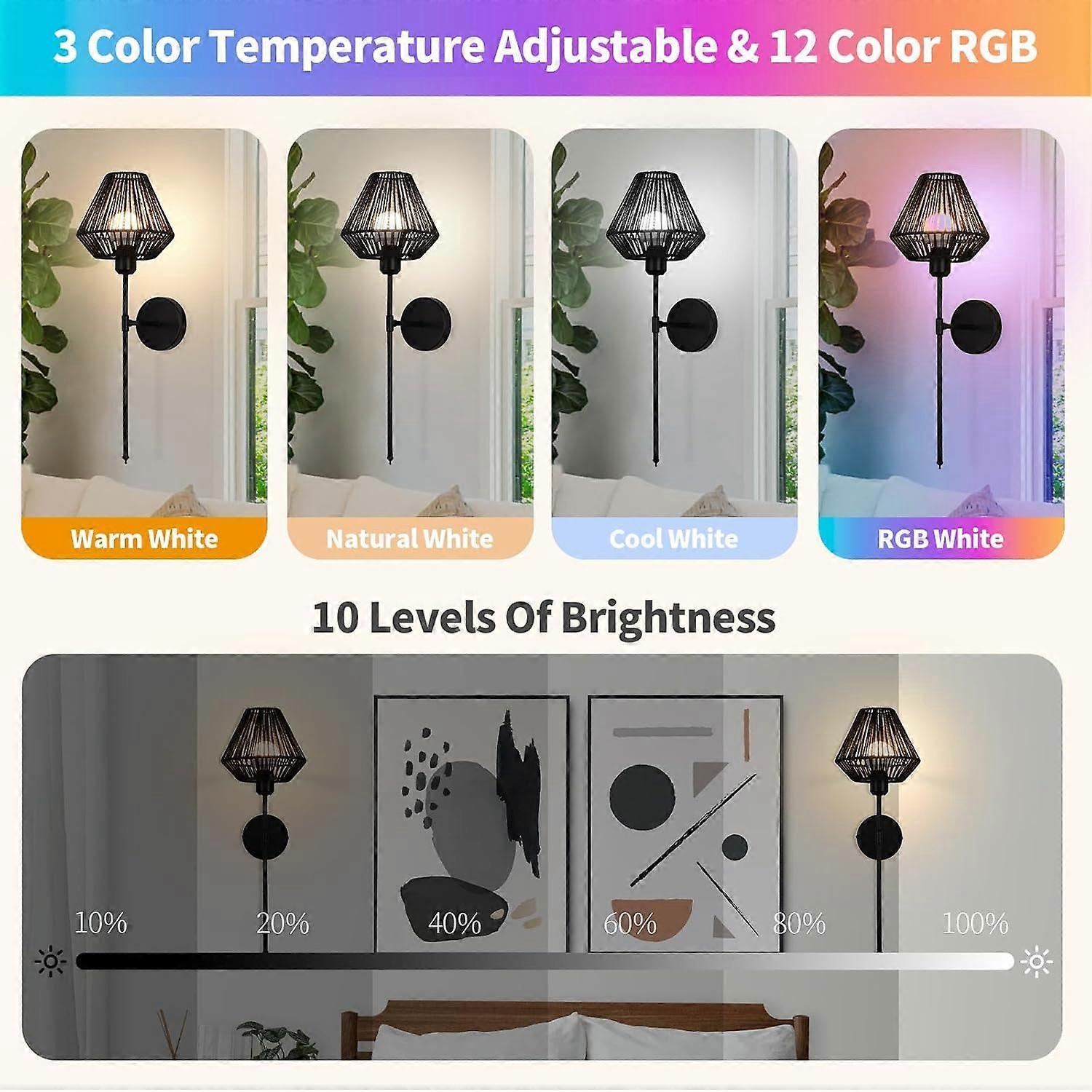 Battery Operated Wall Sconces Set of 2, Boho Rattan LED, Rechargeable, Remote, RGB Dimmable - Image 2