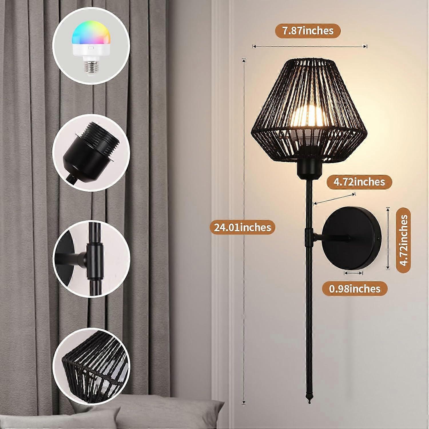 Battery Operated Wall Sconces Set of 2, Boho Rattan LED, Rechargeable, Remote, RGB Dimmable - Image 3