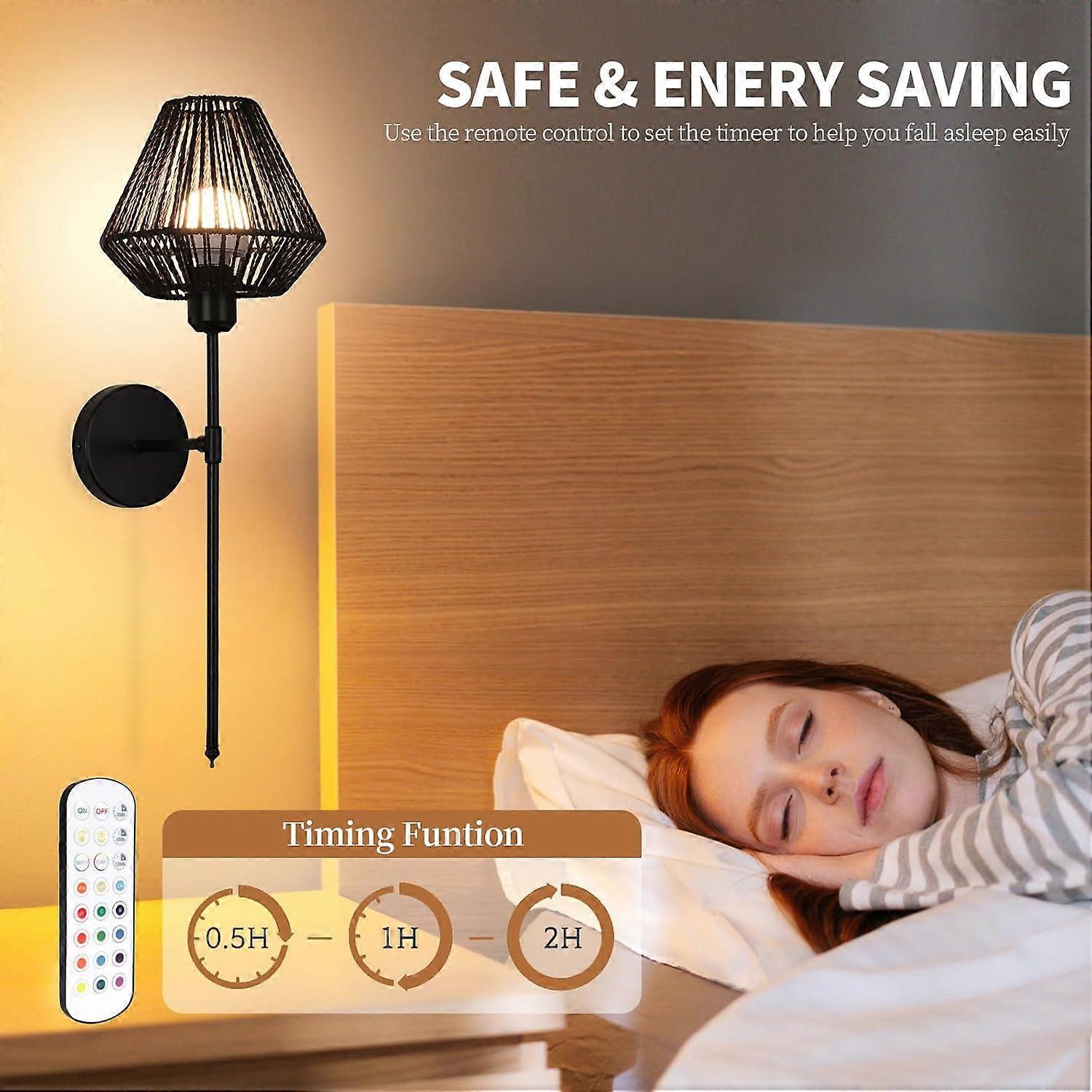 Battery Operated Wall Sconces Set of 2, Boho Rattan LED, Rechargeable, Remote, RGB Dimmable - Image 4