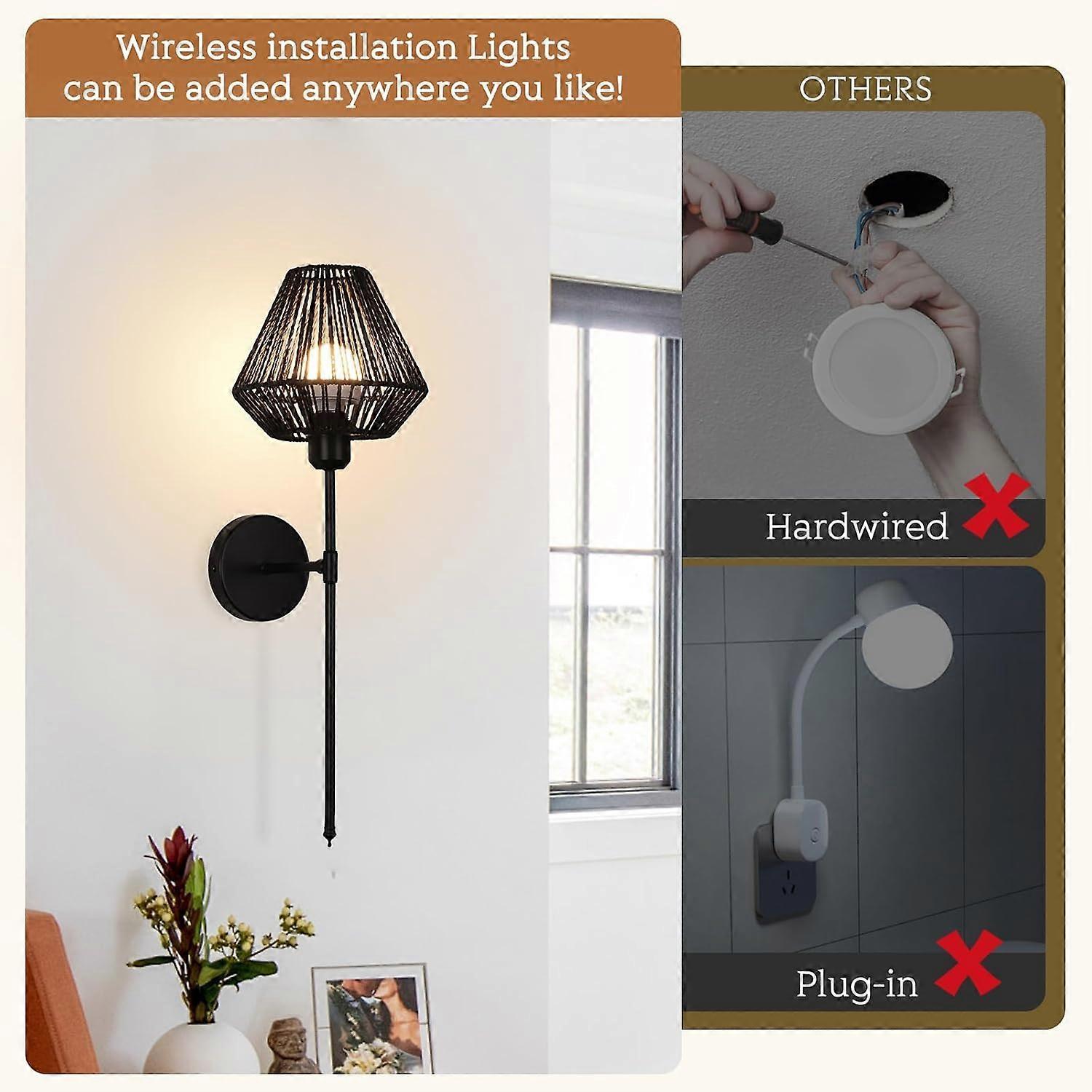Battery Operated Wall Sconces Set of 2, Boho Rattan LED, Rechargeable, Remote, RGB Dimmable - Image 5