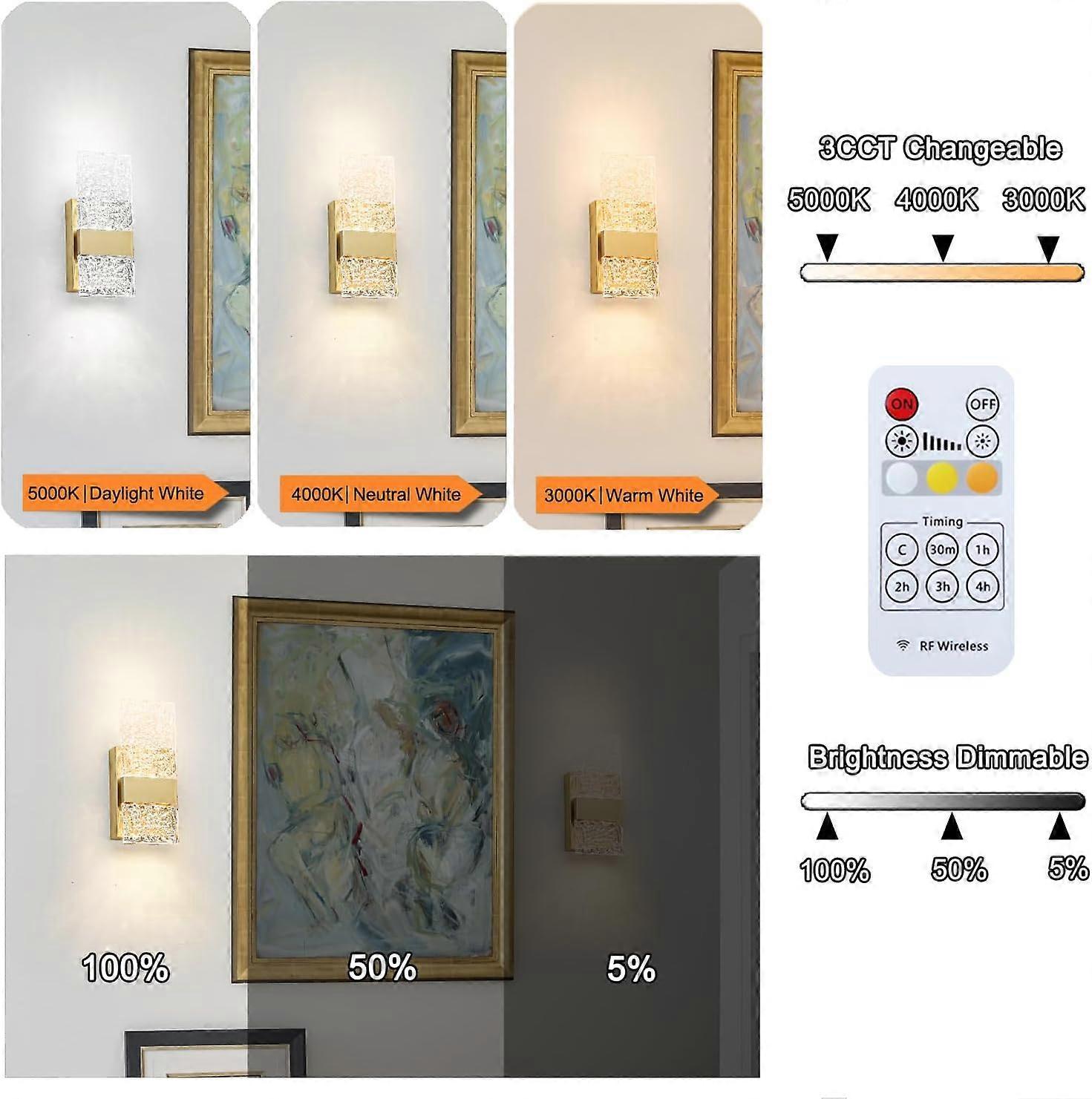 Battery Operated Wall Sconces Set of 2, Rechargeable LED Brass Gold Lights, Remote - Image 5