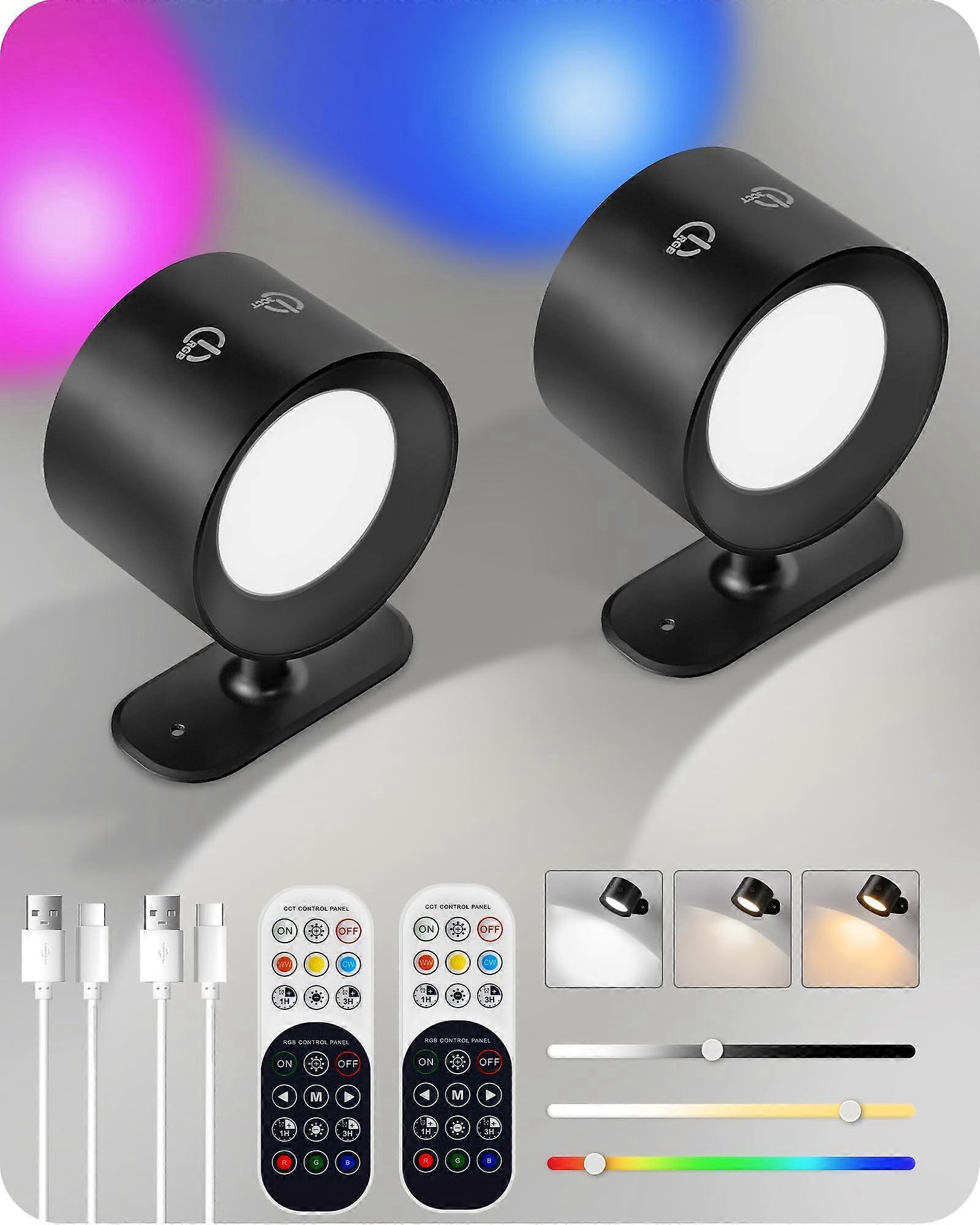 Battery Operated Wall Sconce Set of 2, Rechargeable RGB LED Lights, Remote, Black - Image 1