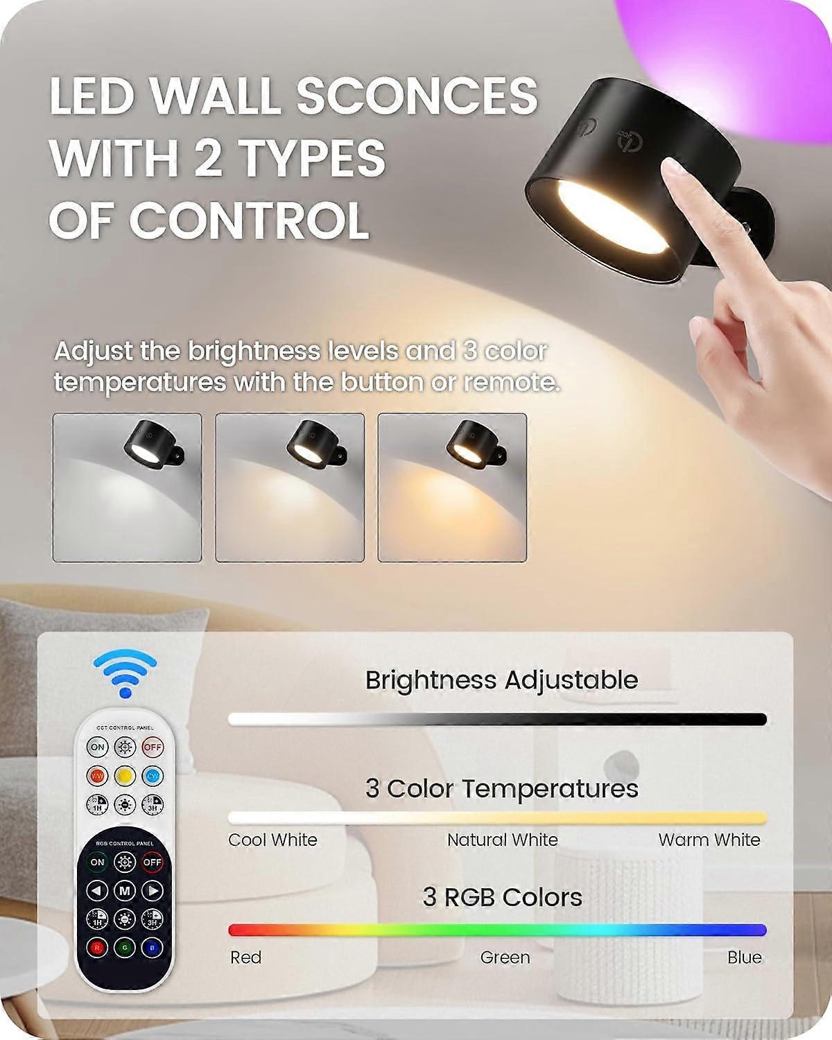 Battery Operated Wall Sconce Set of 2, Rechargeable RGB LED Lights, Remote, Black - Image 3
