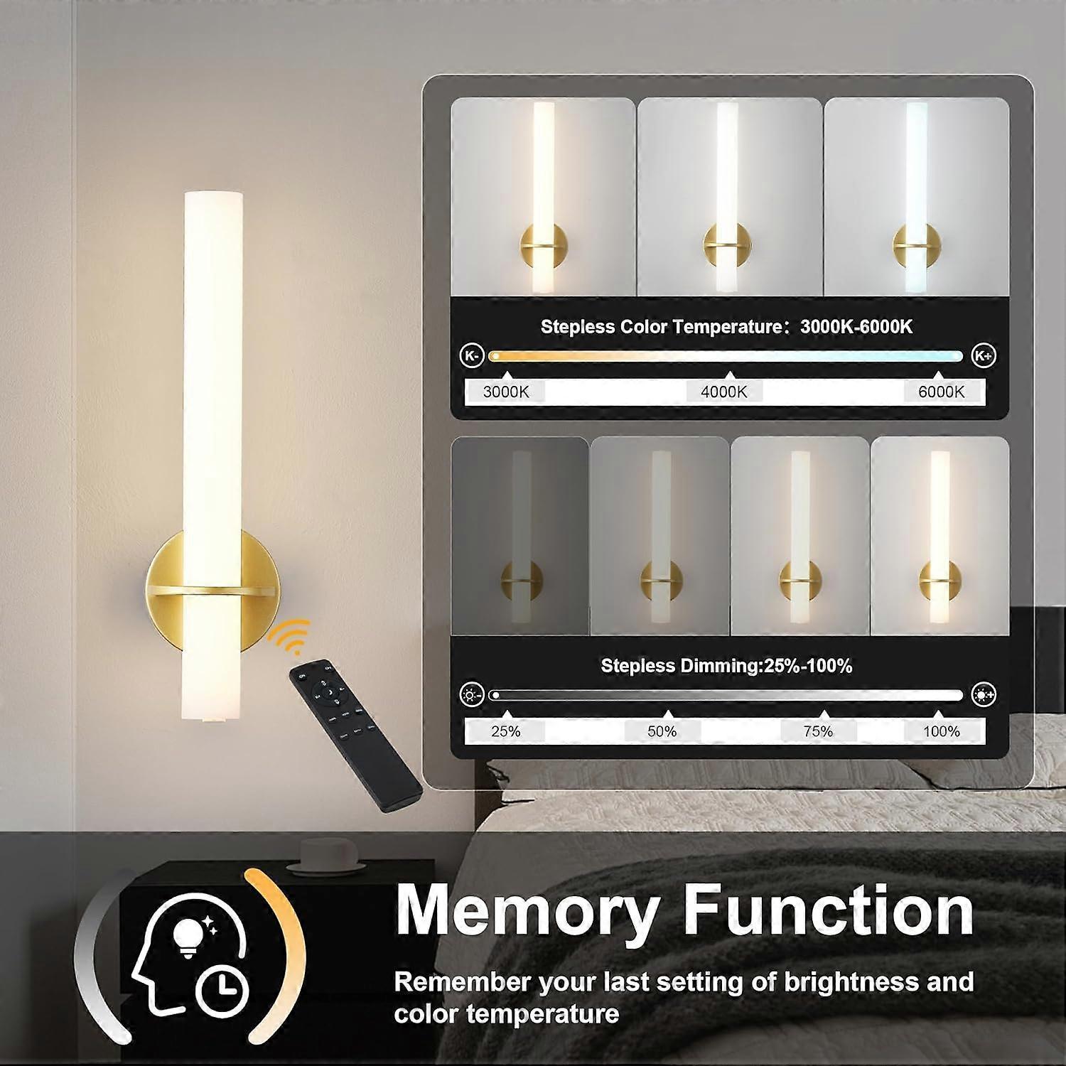 Gold Battery Operated Wall Sconce Set of 2, Rechargeable Wireless LED, Remote, Dimmable 3000K-6000K - Image 5