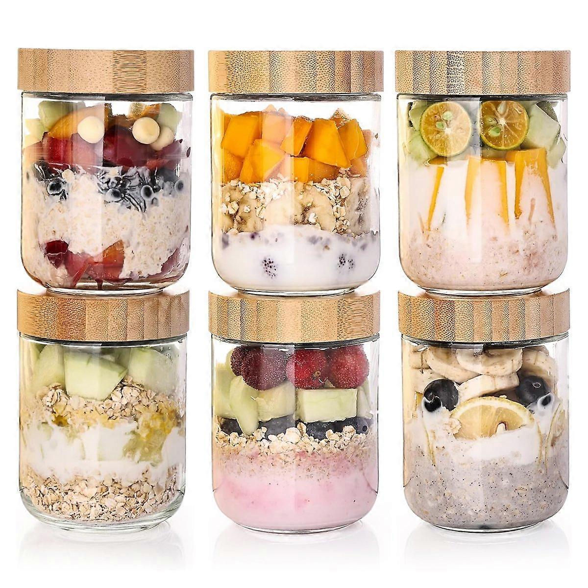 6 Pack 16oz Glass Oats Containers with Bamboo Lids Wide Mouth Salad Jars - Image 1