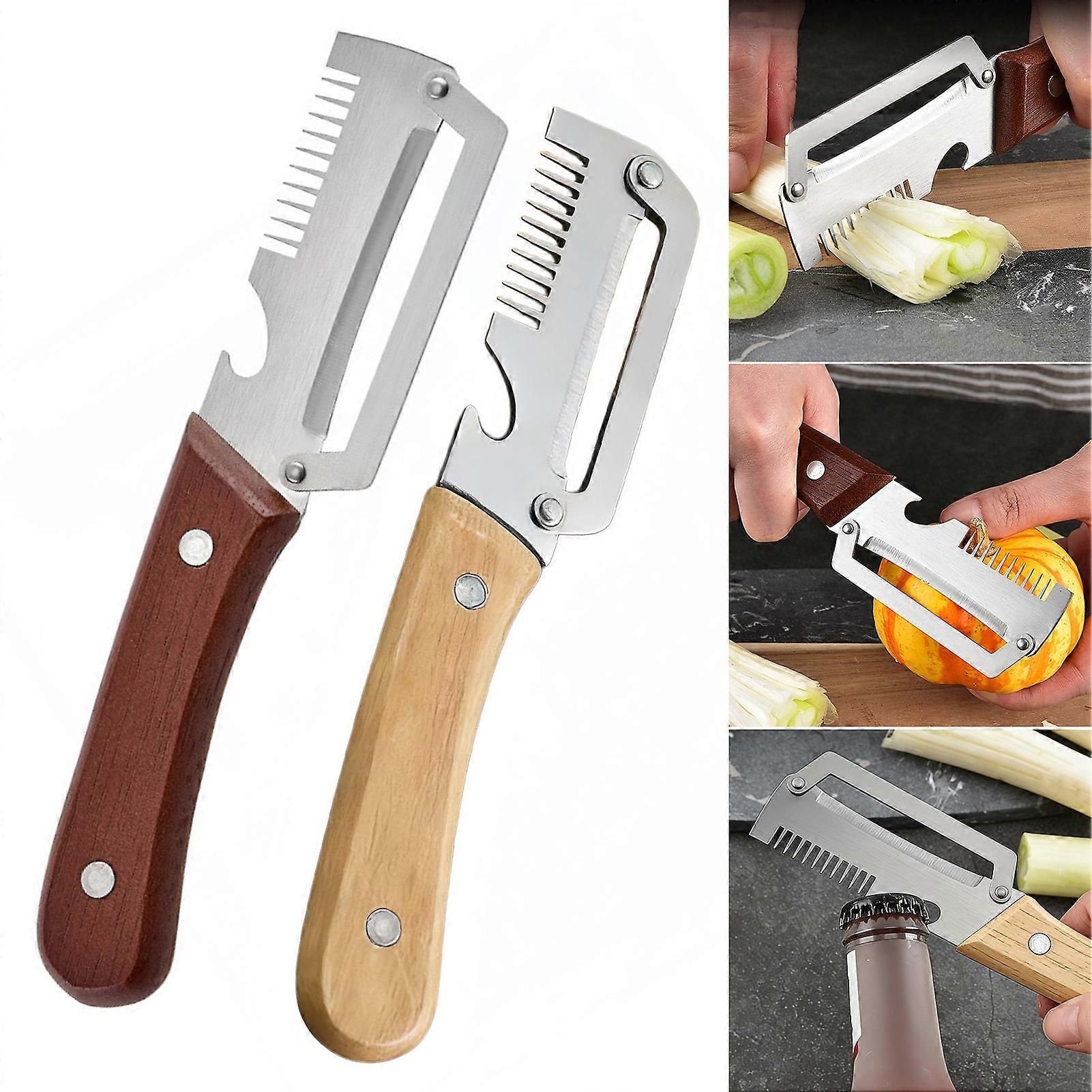 2-in-1 Stainless Steel Vegetable Peeler with Wooden Handle - Fruit/Potato Peeler & Bottle Opener - Image 2