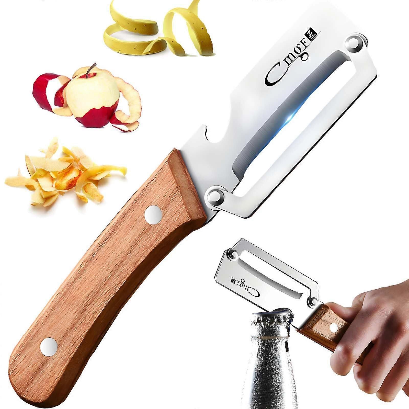 Stainless Steel Vegetable Peeler with Wooden Handle - Sharp Blade & Bottle Opener - Image 1