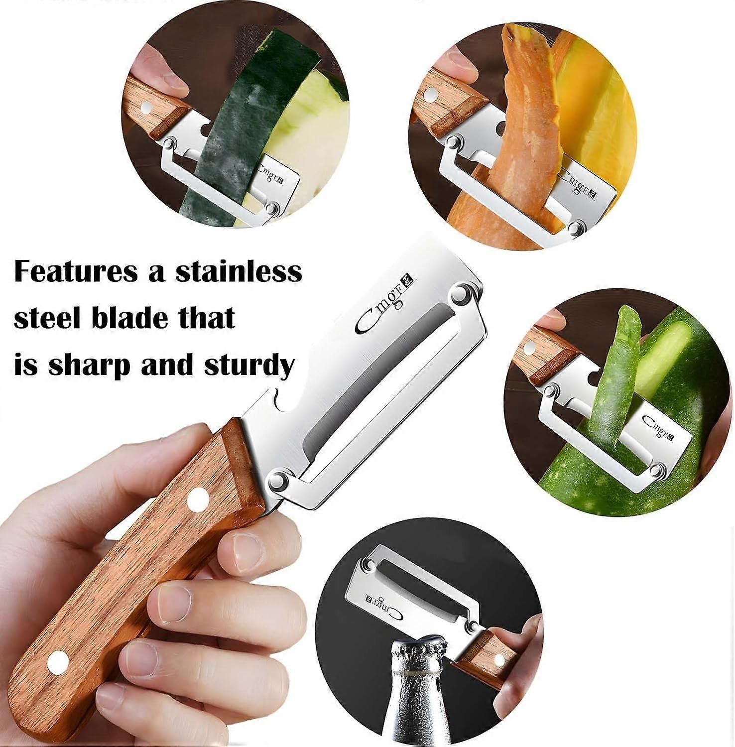 Stainless Steel Vegetable Peeler with Wooden Handle - Sharp Blade & Bottle Opener - Image 2