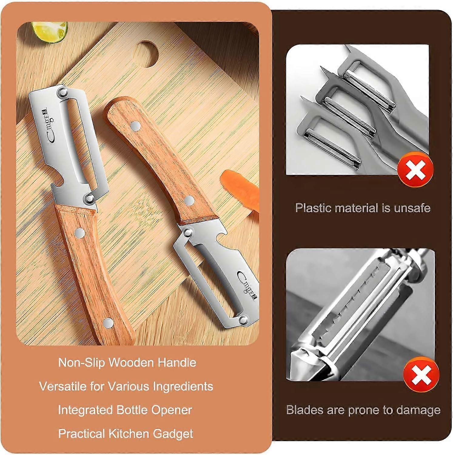 Stainless Steel Vegetable Peeler with Wooden Handle - Sharp Blade & Bottle Opener - Image 3