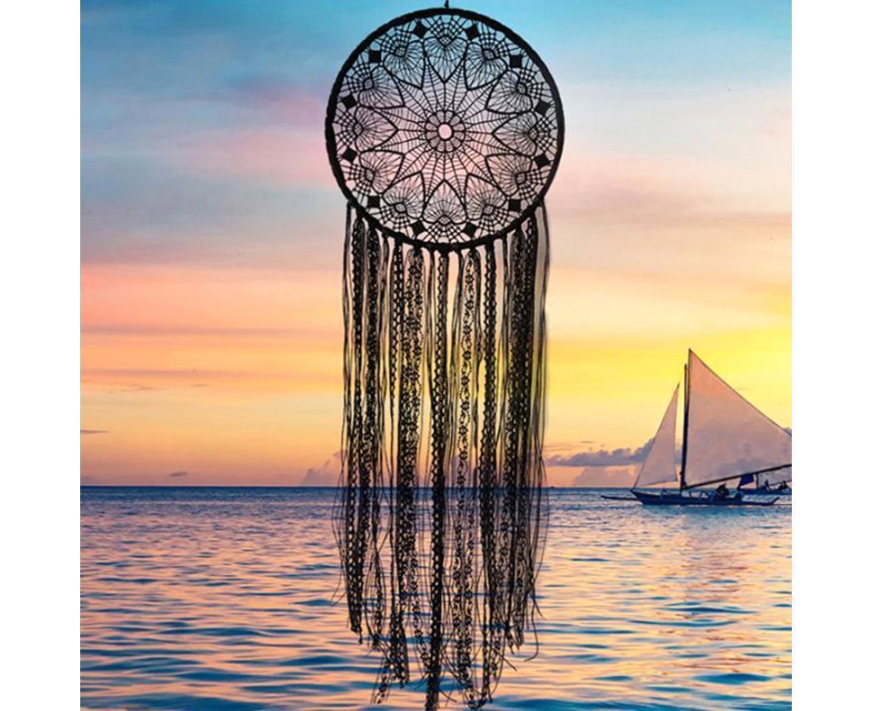 Hollow Round Moon Shape Tassel Dream Catcher Hanging Pendant Home Bedroom Decor- B - Image 2