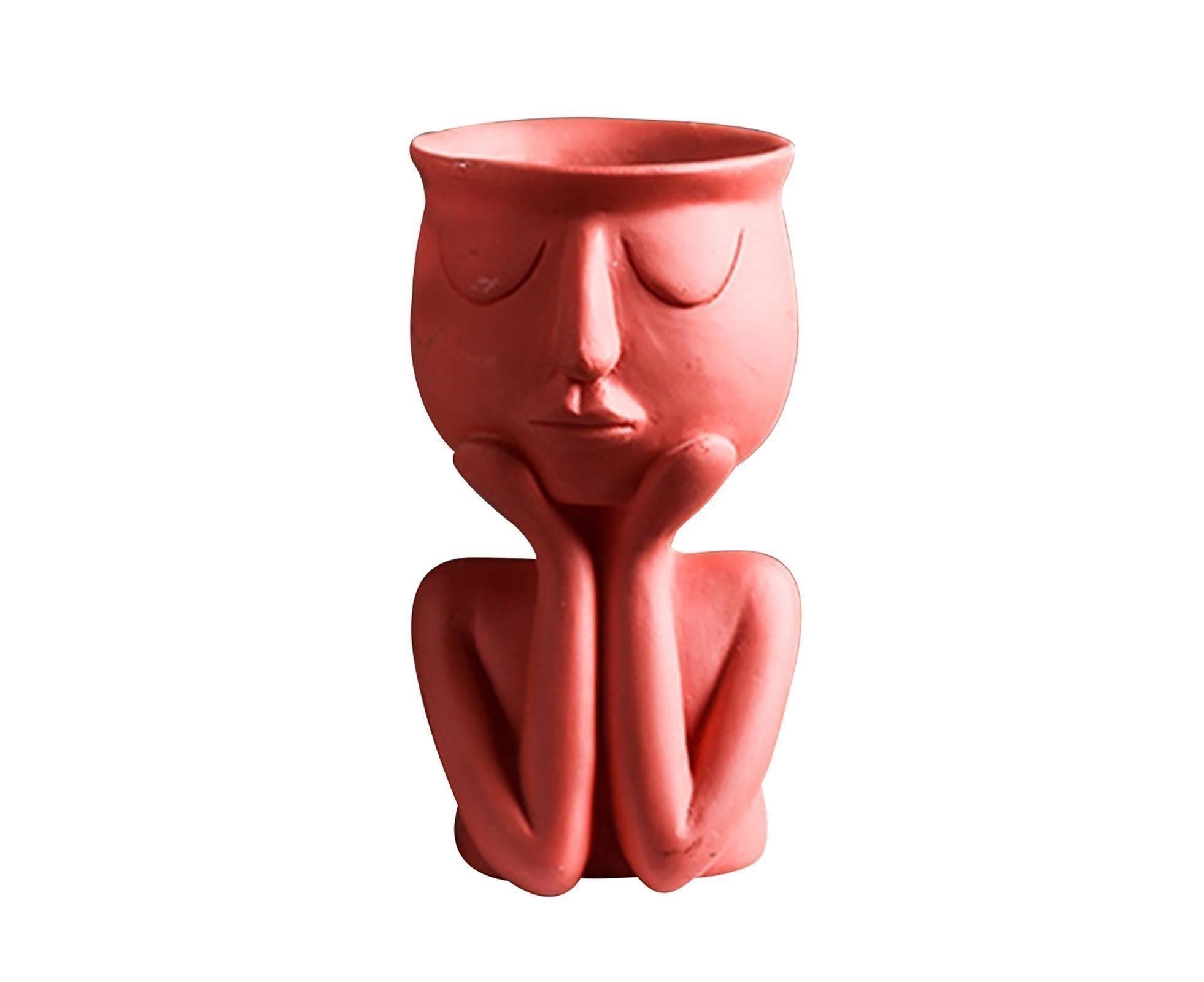 Human Think Face Ceramic Home Plants Flower Pot Vase Planter Tabletop Decoration-Red - Image 1