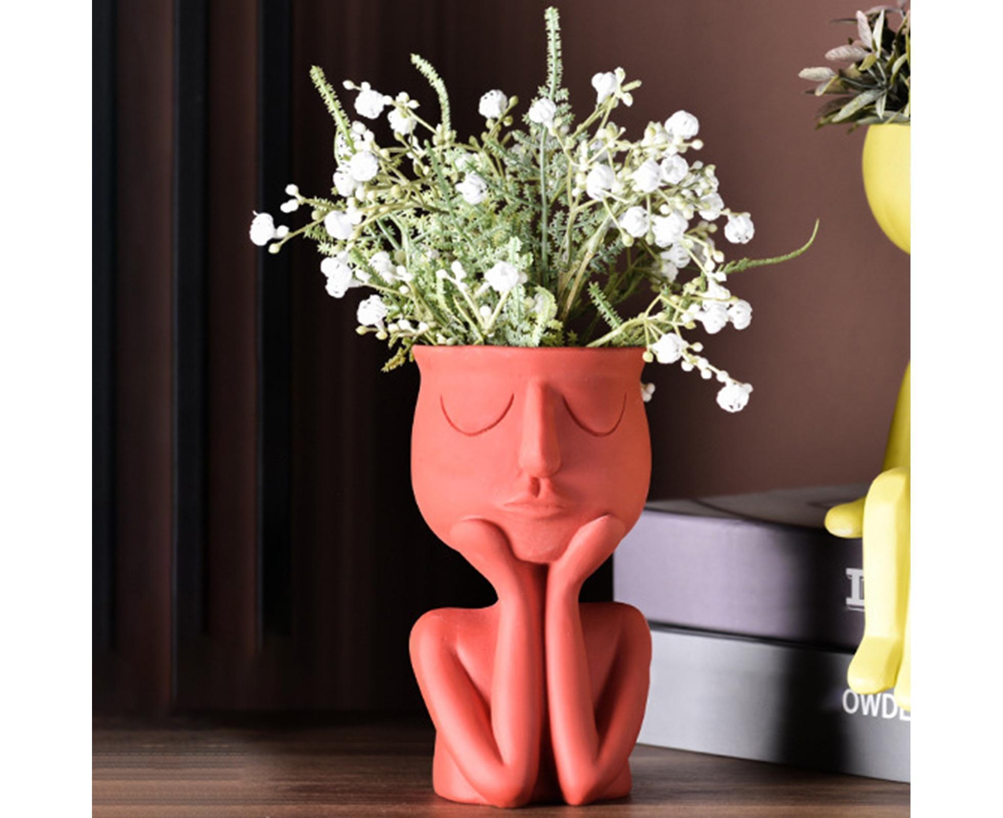 Human Think Face Ceramic Home Plants Flower Pot Vase Planter Tabletop Decoration-Red - Image 2