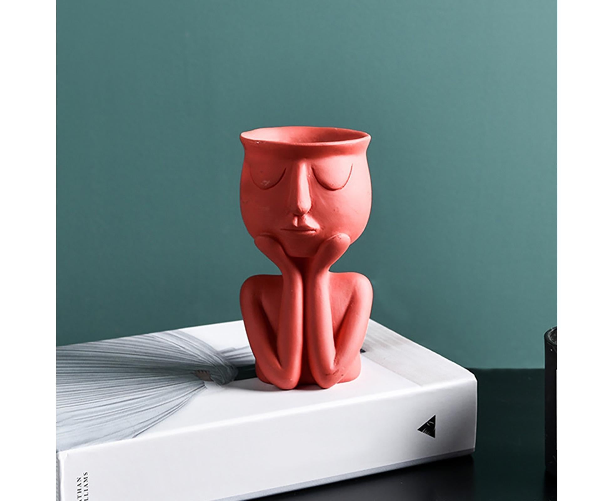 Human Think Face Ceramic Home Plants Flower Pot Vase Planter Tabletop Decoration-Red - Image 6