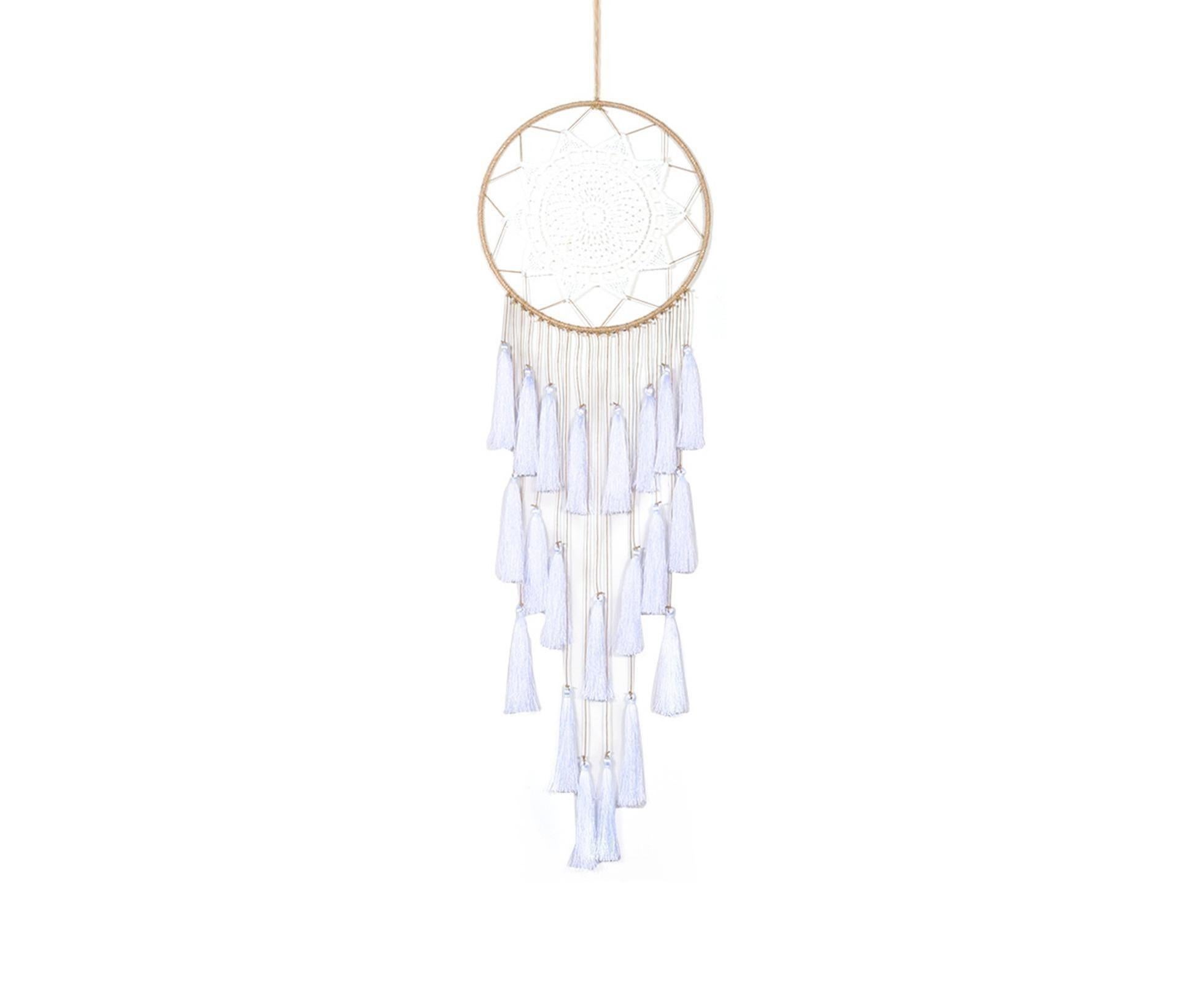 Round Handmade Wall Hanging Wind Chime Dream Catcher with Tassel Home Decor-White - Image 1